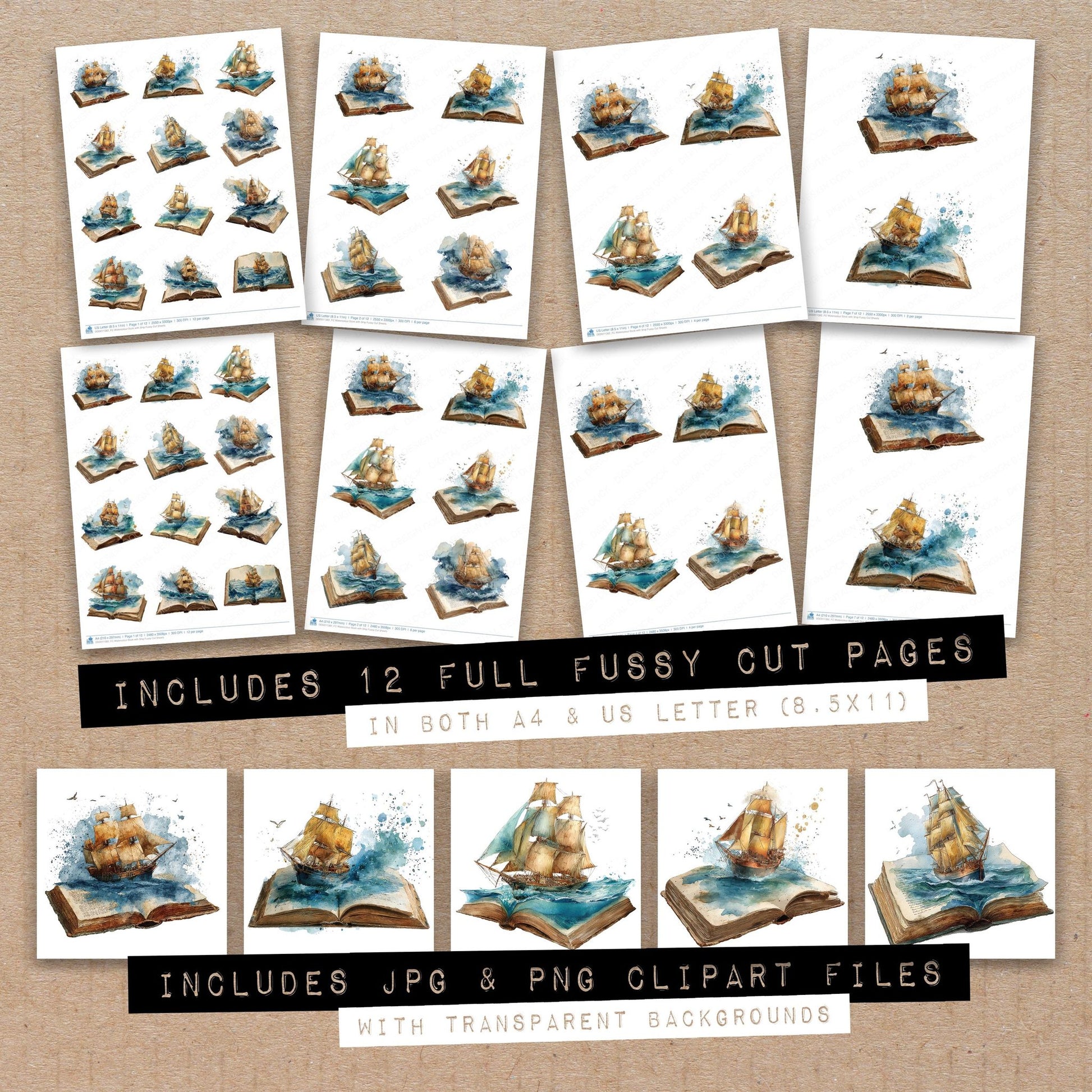 Full collection view of Watercolour Book with Ship fussy cut sheets with bonus clipart JPG and PNG files