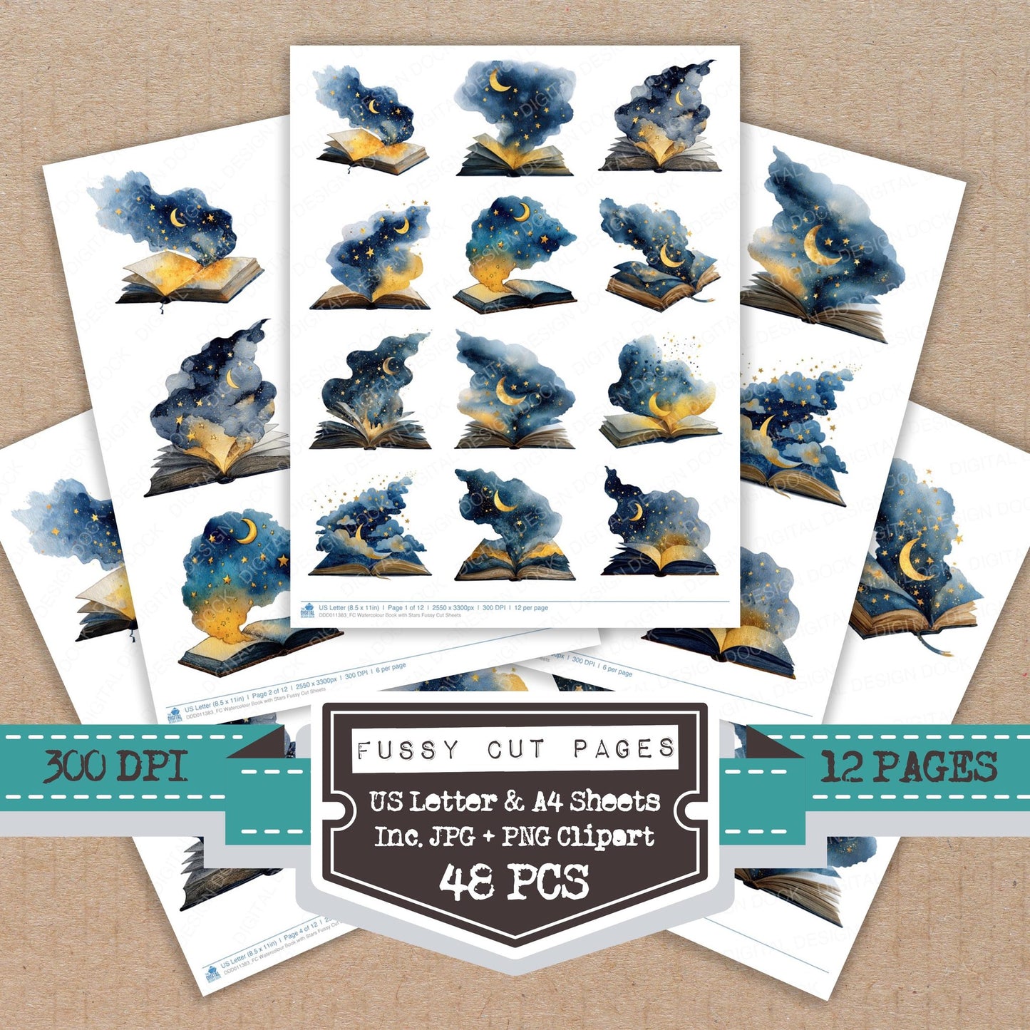 Watercolour Book with Stars fussy cut printable sheets for junk journaling, scrapbooking, and paper craft projects