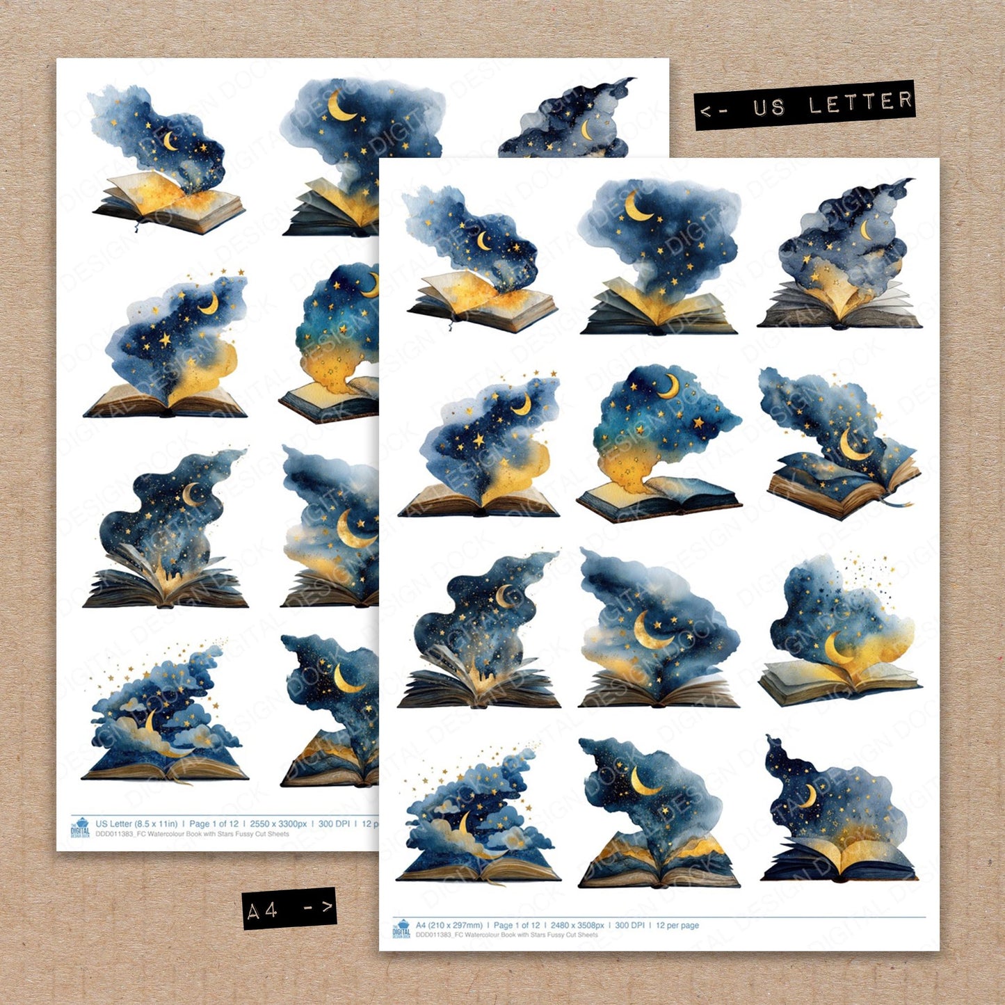 A4 and US Letter format comparison showing Watercolour Book with Stars fussy cut pages for print and cut crafting