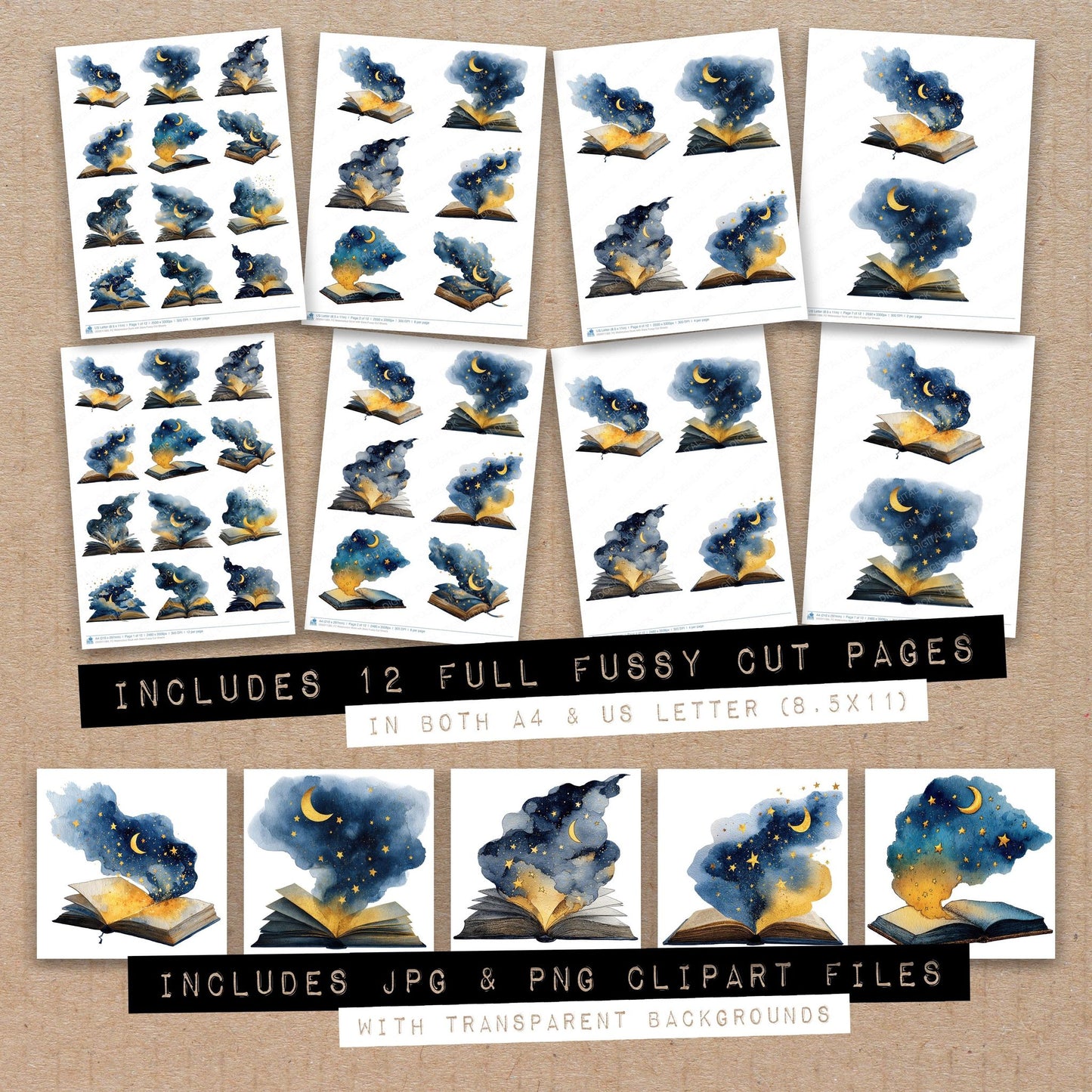 Full collection view of Watercolour Book with Stars fussy cut sheets with bonus clipart JPG and PNG files