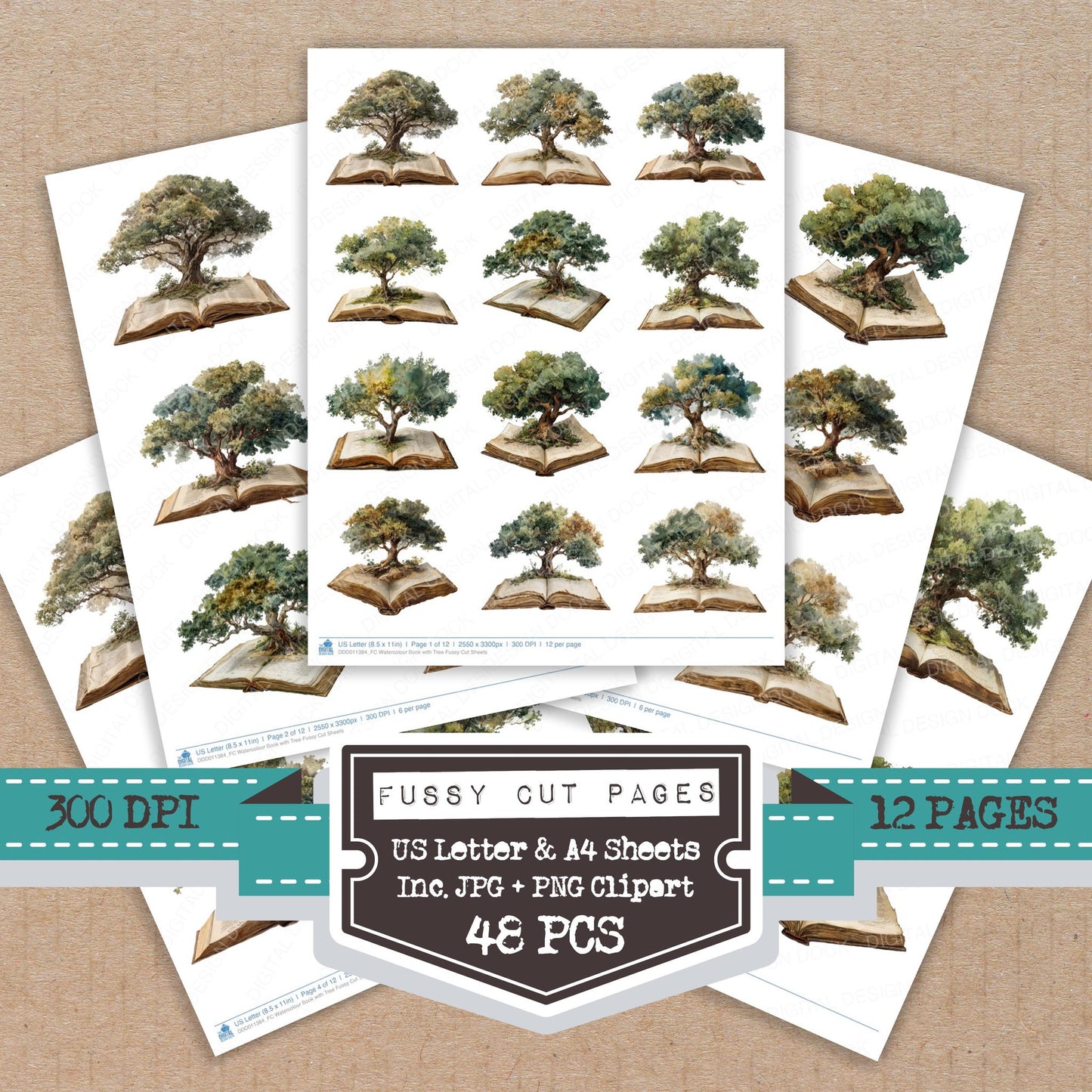 Watercolour Book with Tree fussy cut printable sheets for junk journaling, scrapbooking, and paper craft projects