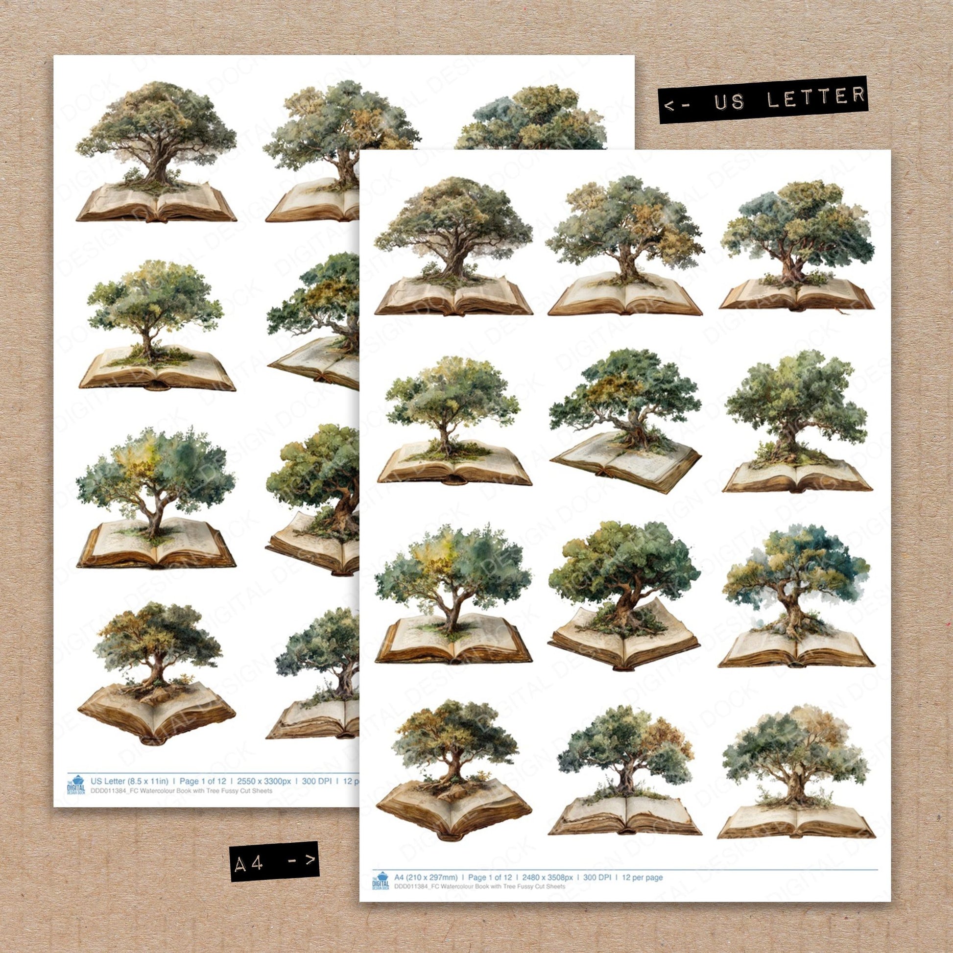 A4 and US Letter format comparison showing Watercolour Book with Tree fussy cut pages for print and cut crafting