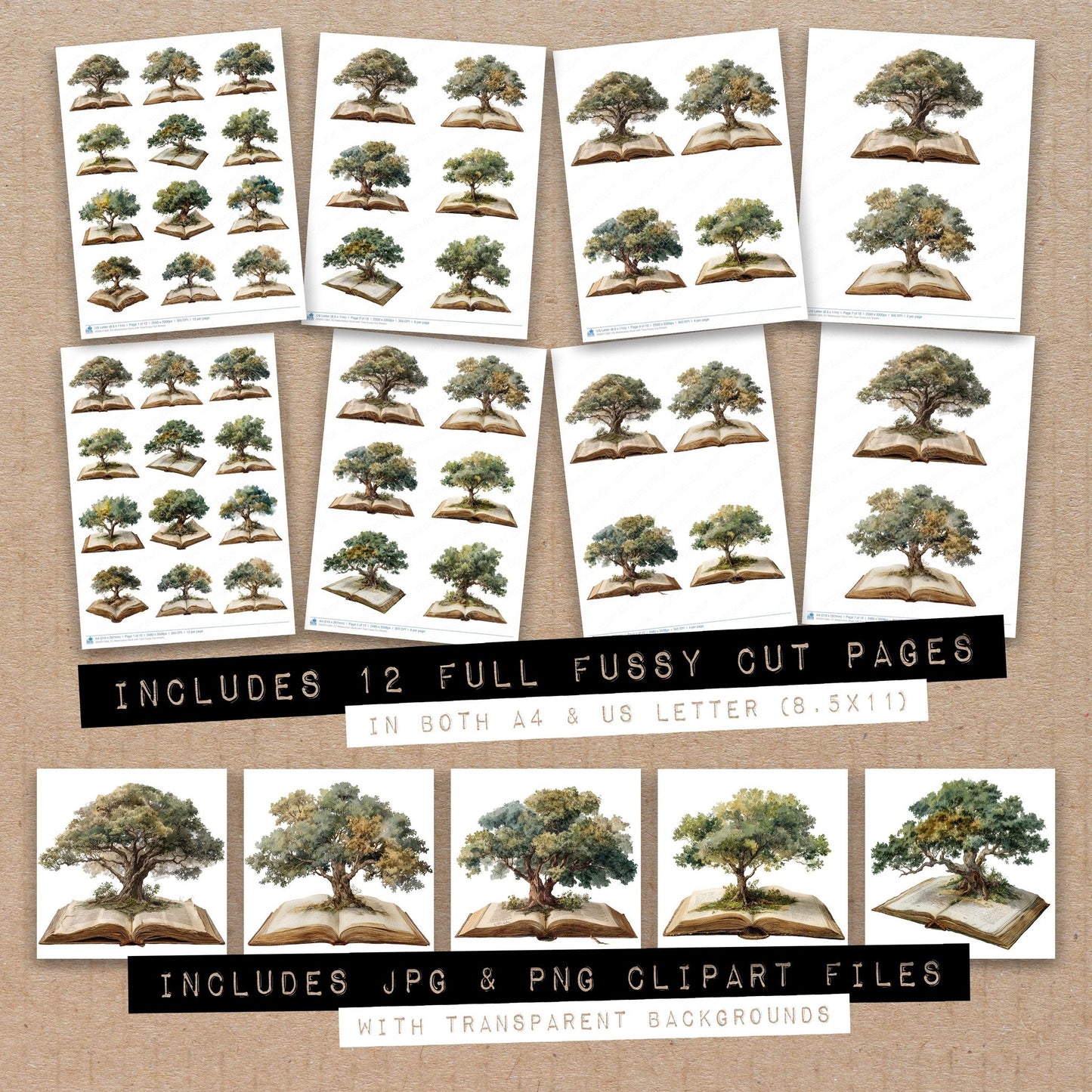 Full collection view of Watercolour Book with Tree fussy cut sheets with bonus clipart JPG and PNG files