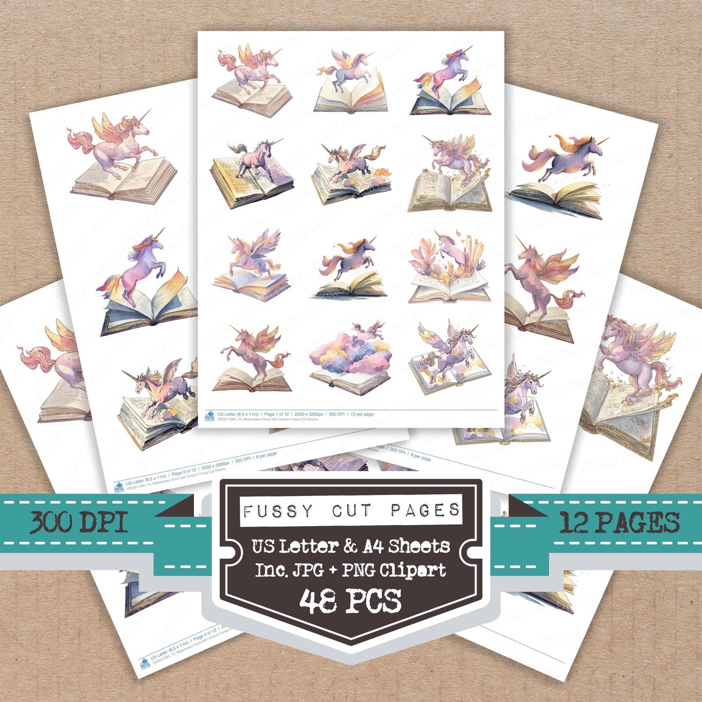 Watercolour Book with Unicorn fussy cut printable sheets for junk journaling, scrapbooking, and paper craft projects