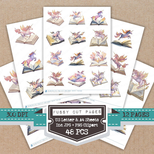 Watercolour Book with Unicorn fussy cut printable sheets for junk journaling, scrapbooking, and paper craft projects