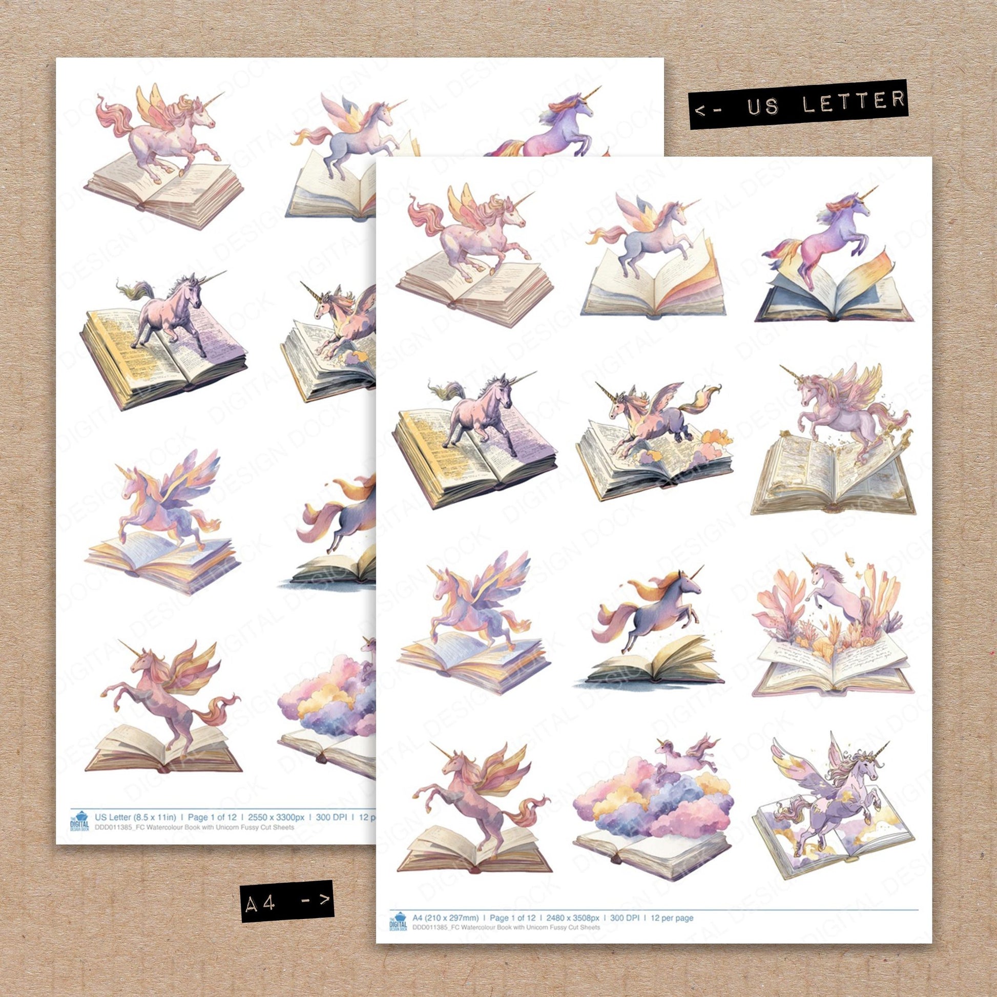 A4 and US Letter format comparison showing Watercolour Book with Unicorn fussy cut pages for print and cut crafting