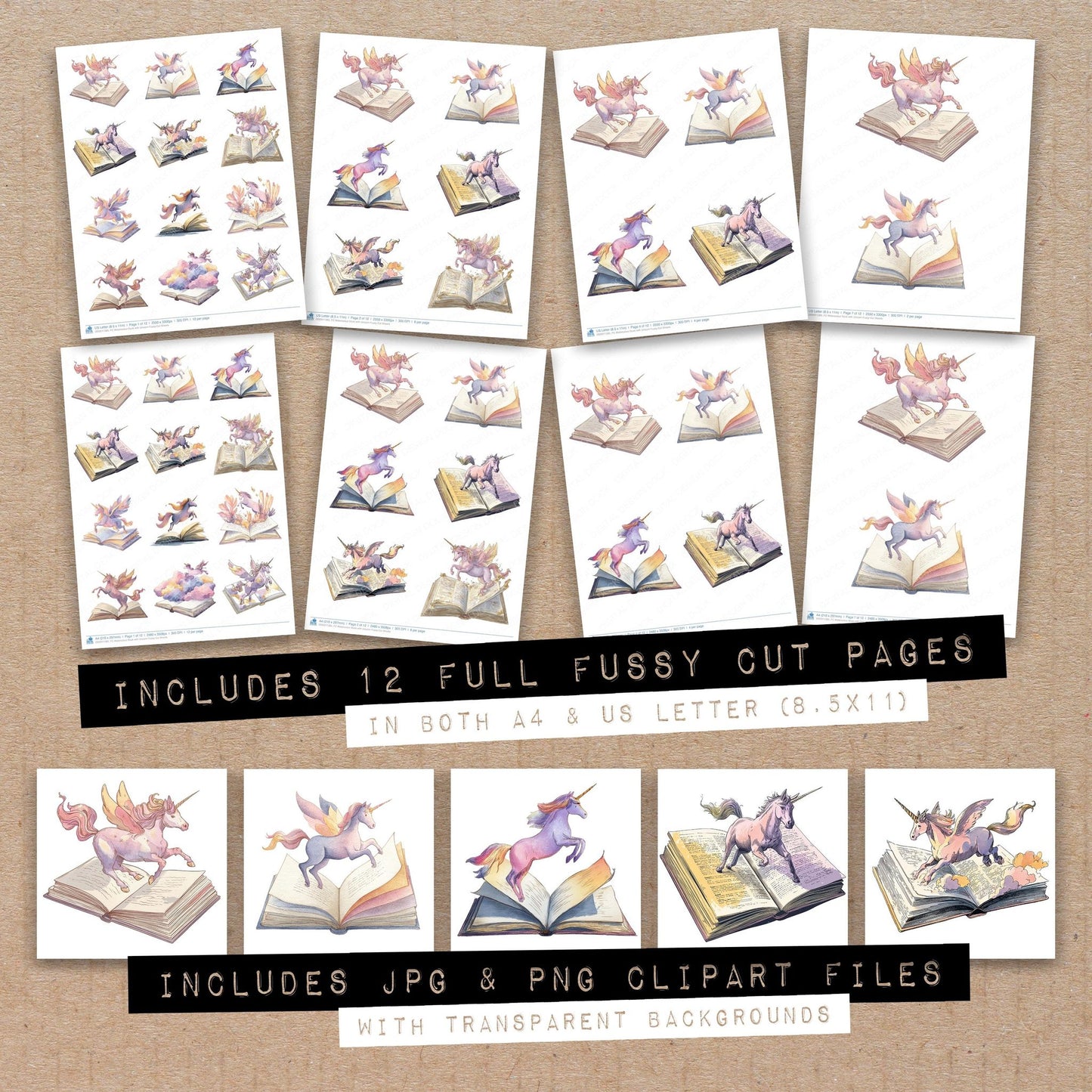Full collection view of Watercolour Book with Unicorn fussy cut sheets with bonus clipart JPG and PNG files