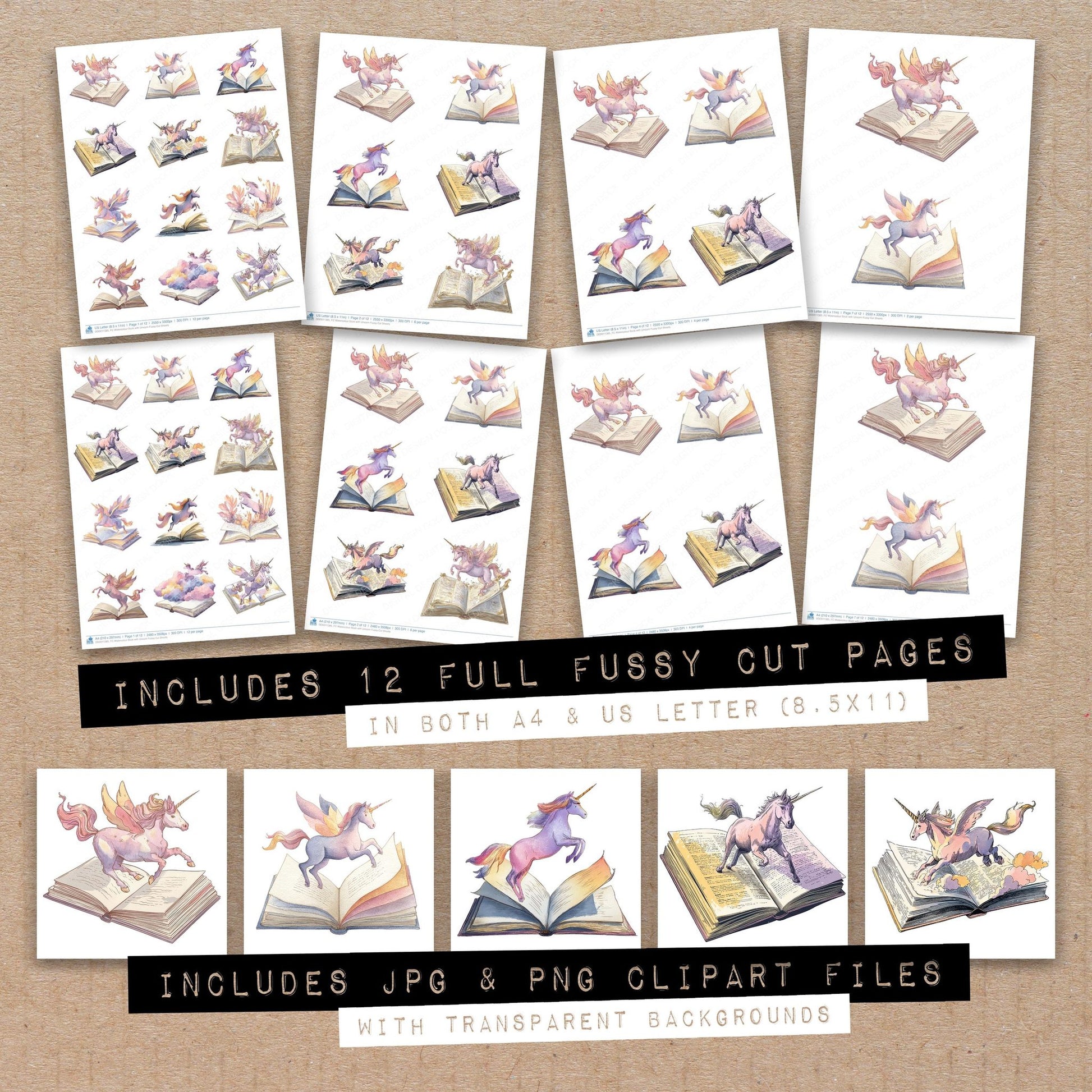 Full collection view of Watercolour Book with Unicorn fussy cut sheets with bonus clipart JPG and PNG files