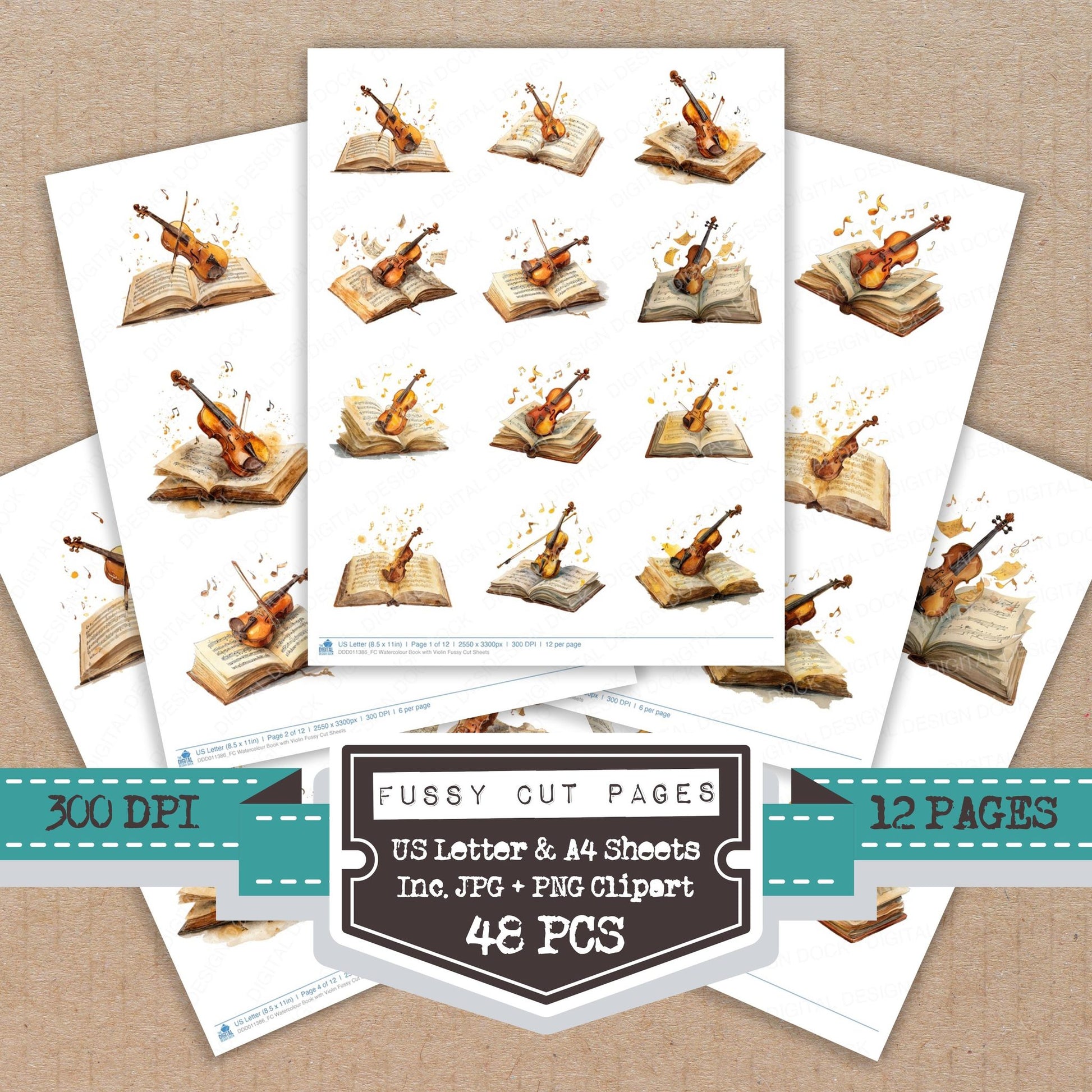 Watercolour Book with Violin fussy cut printable sheets for junk journaling, scrapbooking, and paper craft projects