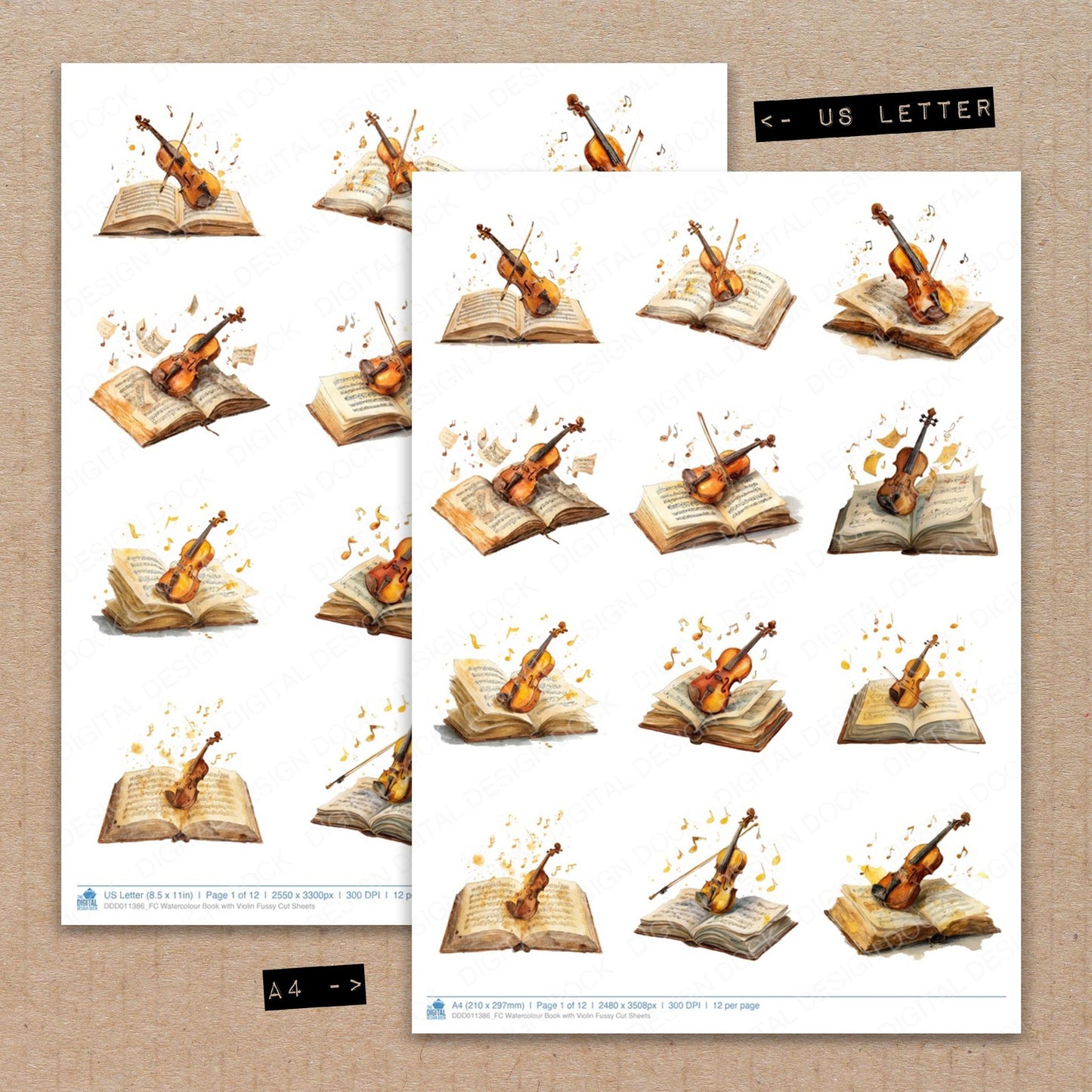 A4 and US Letter format comparison showing Watercolour Book with Violin fussy cut pages for print and cut crafting