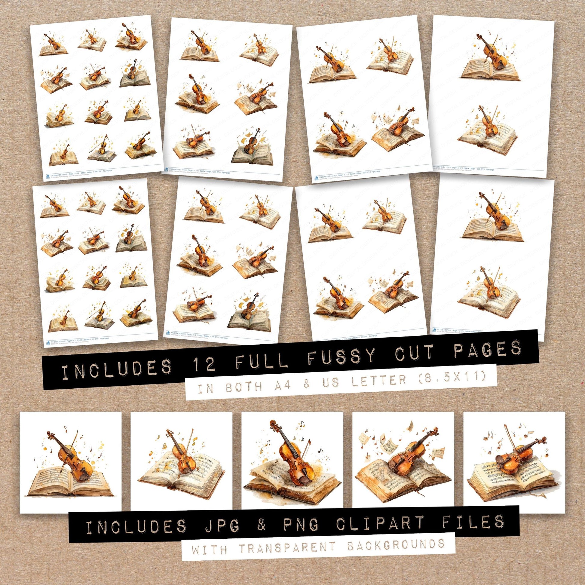 Full collection view of Watercolour Book with Violin fussy cut sheets with bonus clipart JPG and PNG files