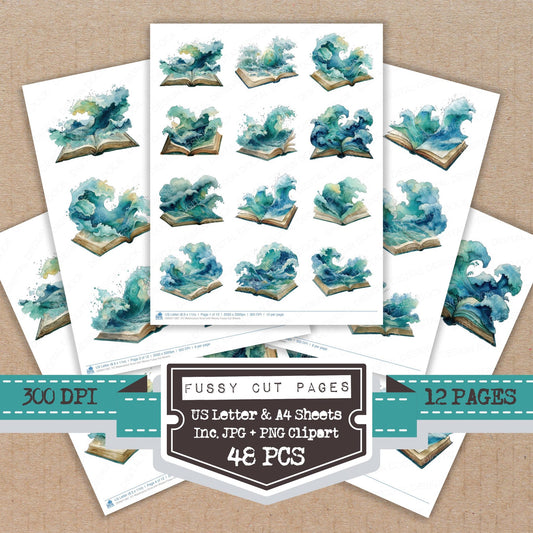 Watercolour Book with Waves fussy cut printable sheets for junk journaling, scrapbooking, and paper craft projects
