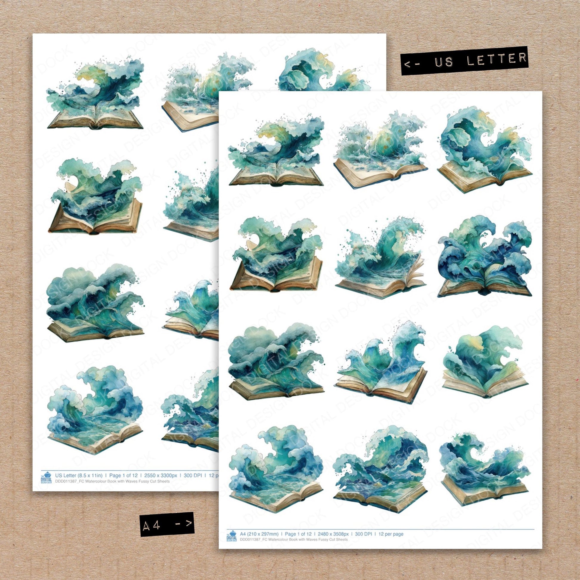 A4 and US Letter format comparison showing Watercolour Book with Waves fussy cut pages for print and cut crafting