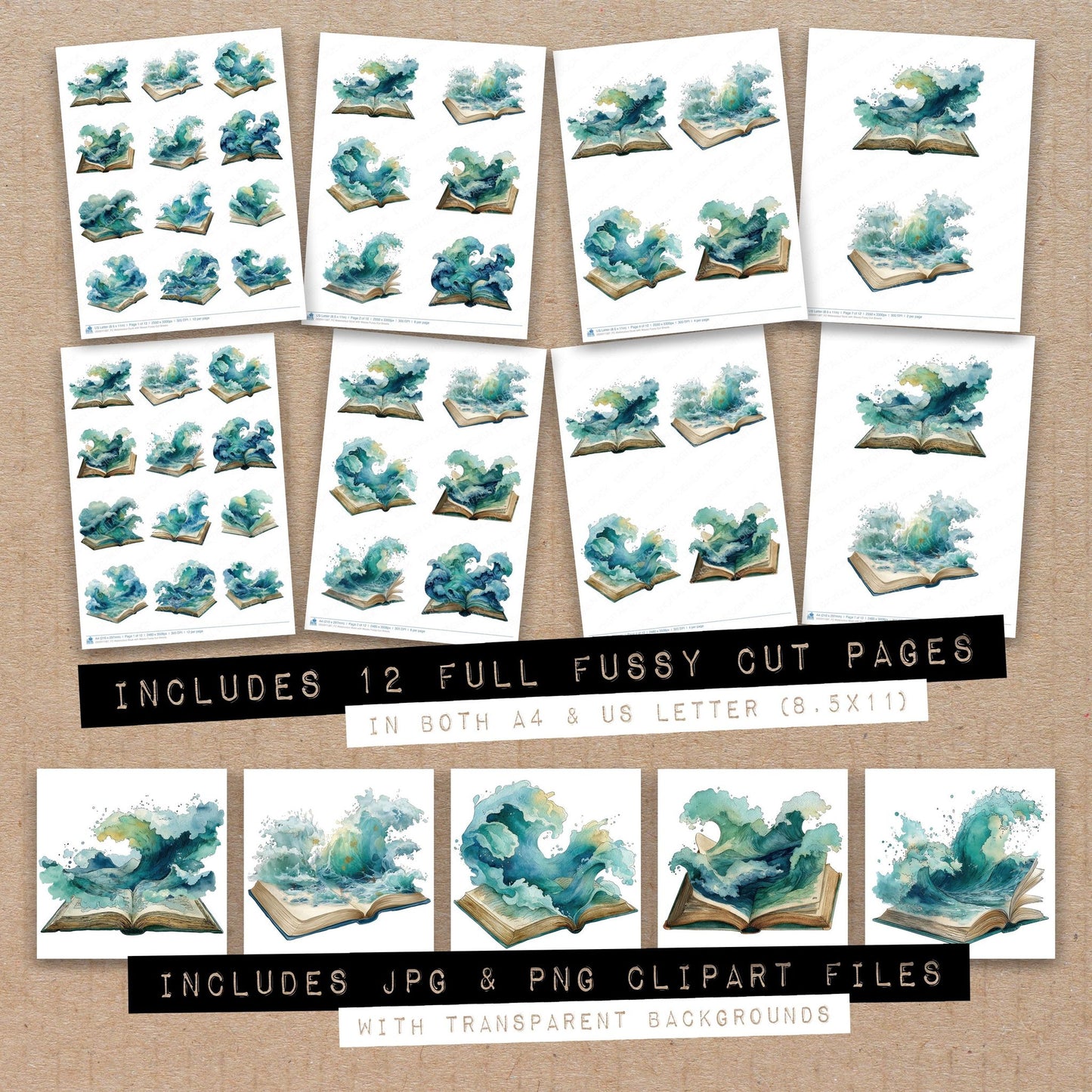 Full collection view of Watercolour Book with Waves fussy cut sheets with bonus clipart JPG and PNG files
