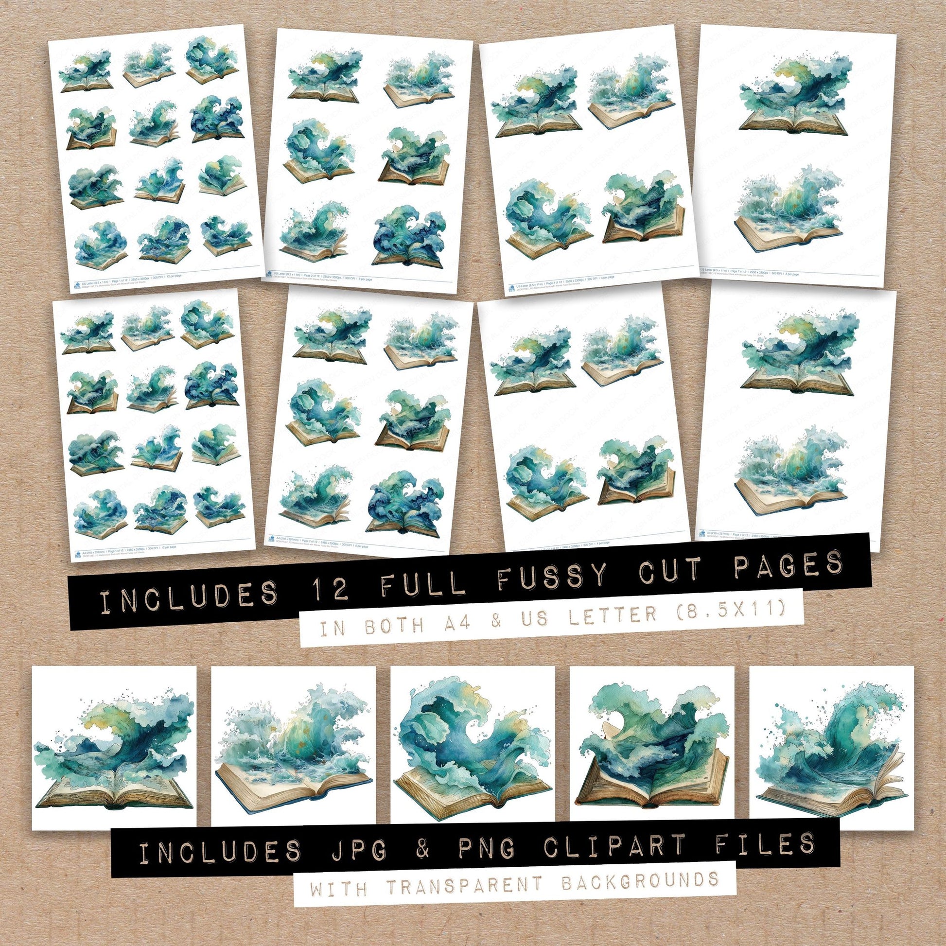 Full collection view of Watercolour Book with Waves fussy cut sheets with bonus clipart JPG and PNG files