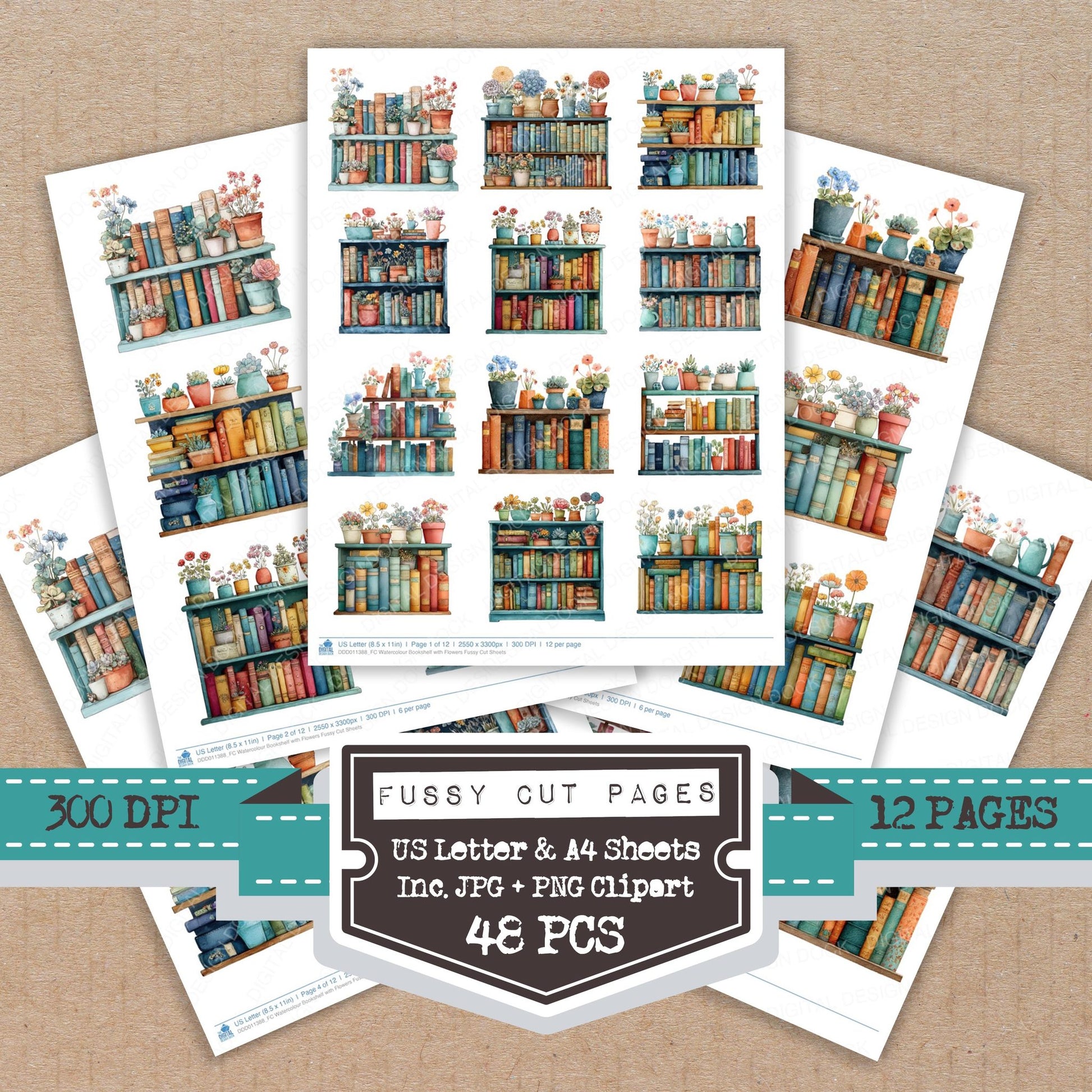 Watercolour Bookshelf with Flowers fussy cut printable sheets for junk journaling, scrapbooking, and paper craft projects