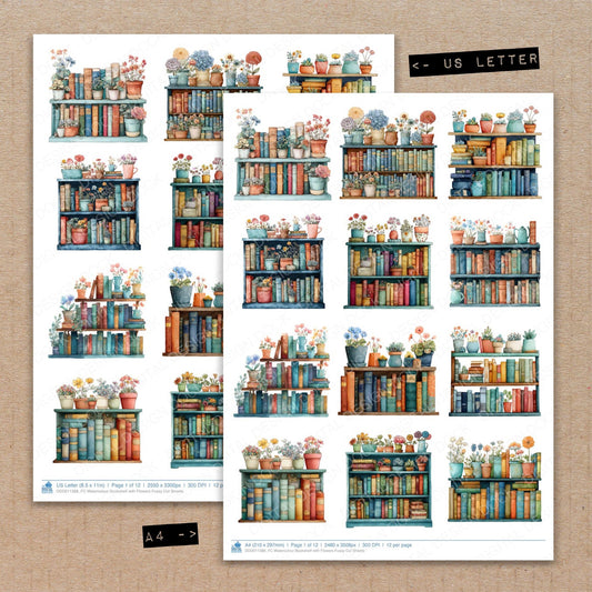 A4 and US Letter format comparison showing Watercolour Bookshelf with Flowers fussy cut pages for print and cut crafting