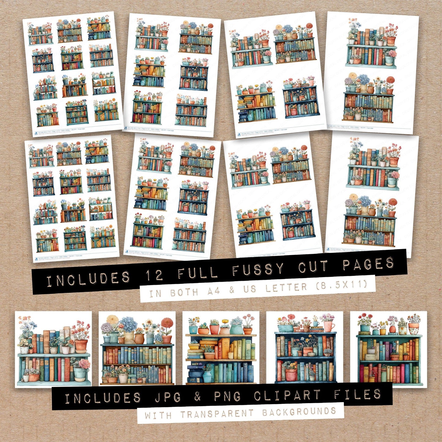 Full collection view of Watercolour Bookshelf with Flowers fussy cut sheets with bonus clipart JPG and PNG files