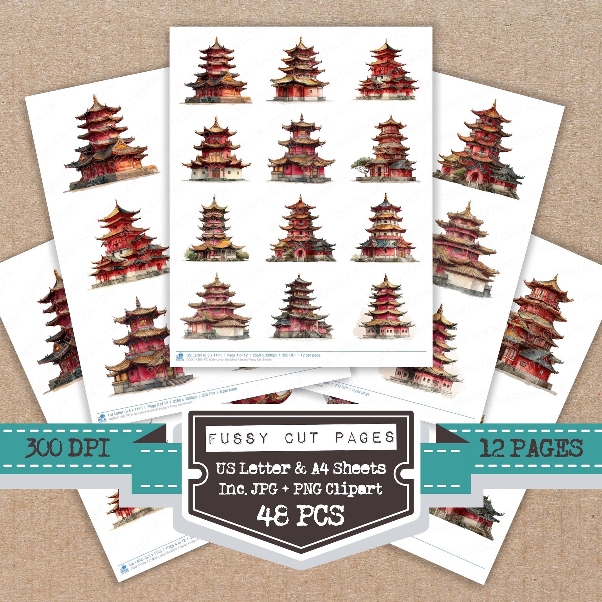 Watercolour Buddhist Pagoda fussy cut printable sheets for junk journaling, scrapbooking, and paper craft projects
