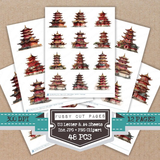 Watercolour Buddhist Pagoda fussy cut printable sheets for junk journaling, scrapbooking, and paper craft projects
