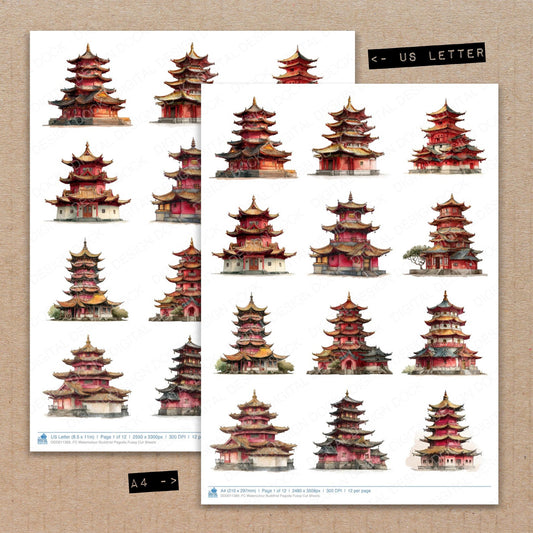 A4 and US Letter format comparison showing Watercolour Buddhist Pagoda fussy cut pages for print and cut crafting