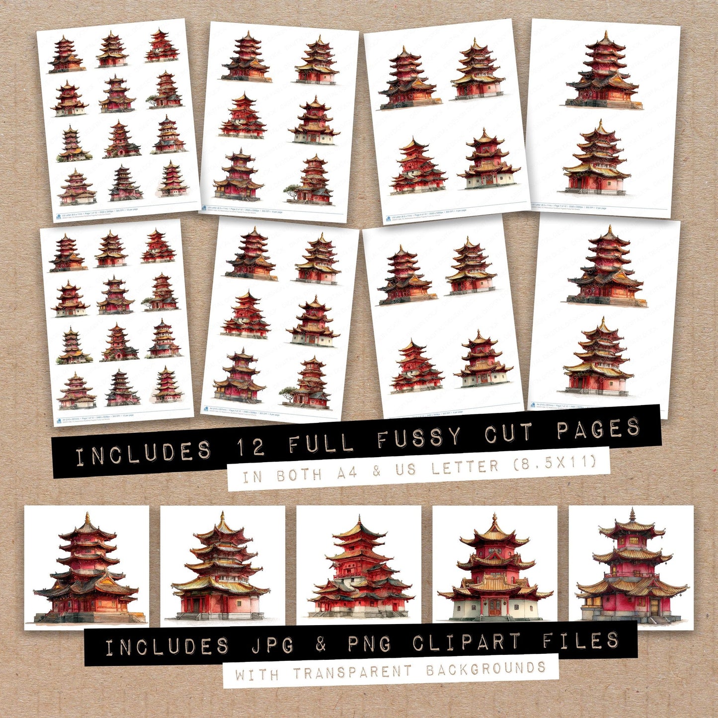 Full collection view of Watercolour Buddhist Pagoda fussy cut sheets with bonus clipart JPG and PNG files