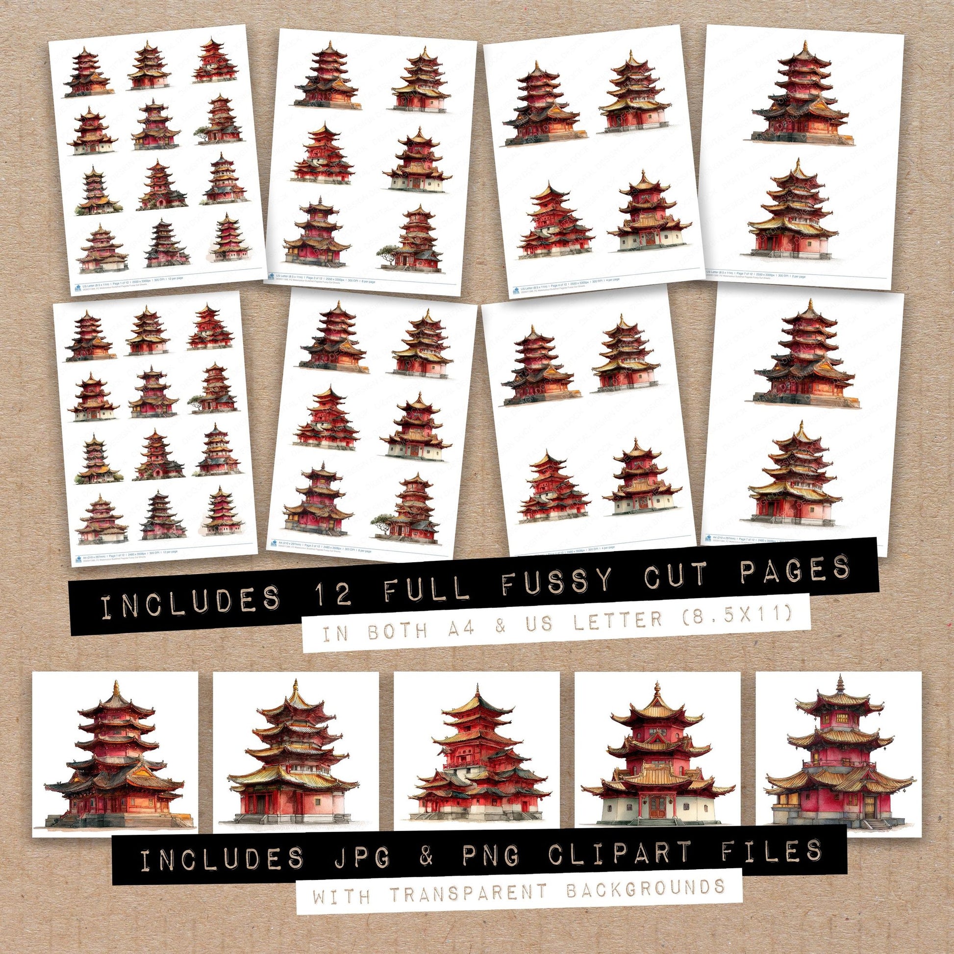 Full collection view of Watercolour Buddhist Pagoda fussy cut sheets with bonus clipart JPG and PNG files