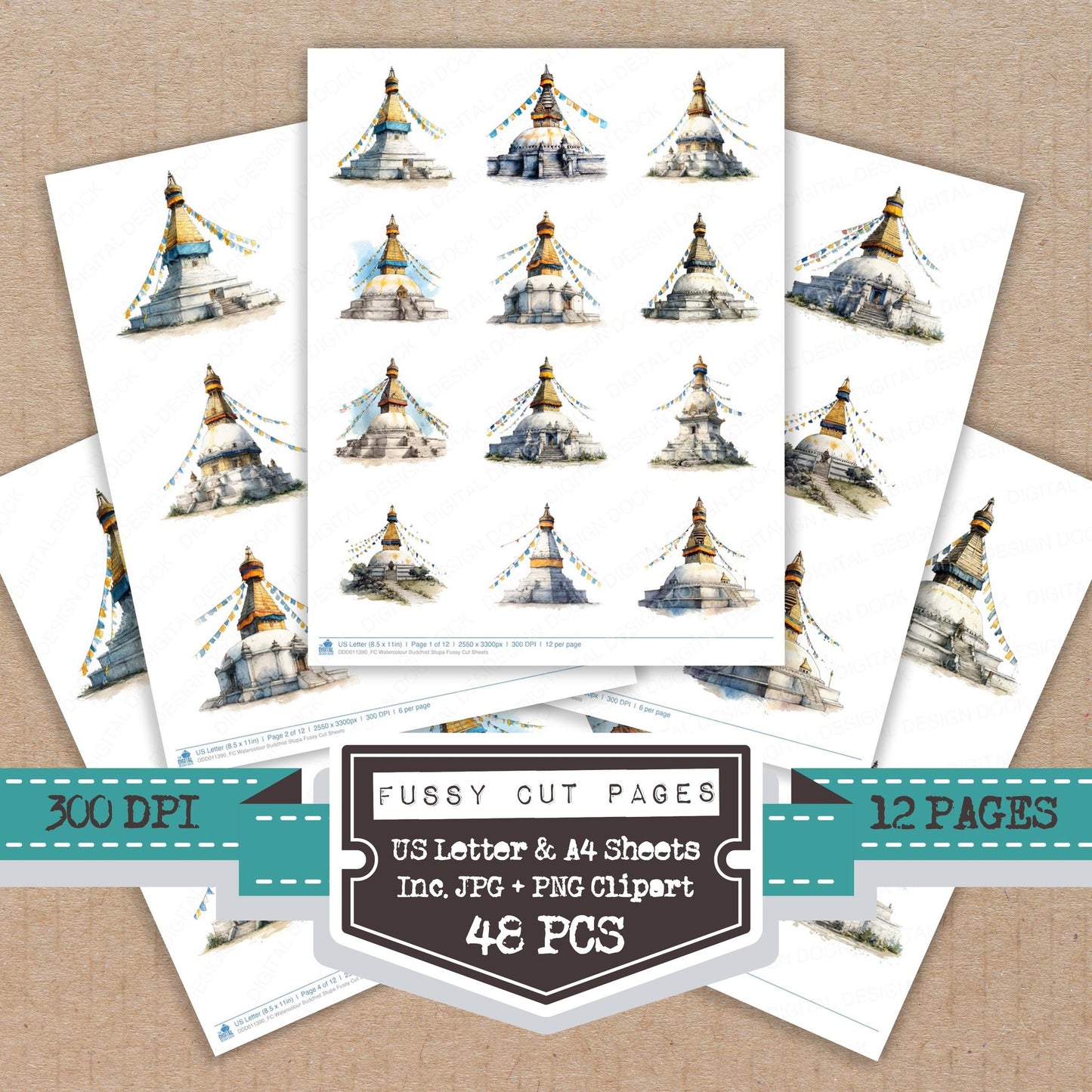 Watercolour Buddhist Stupa fussy cut printable sheets for junk journaling, scrapbooking, and paper craft projects