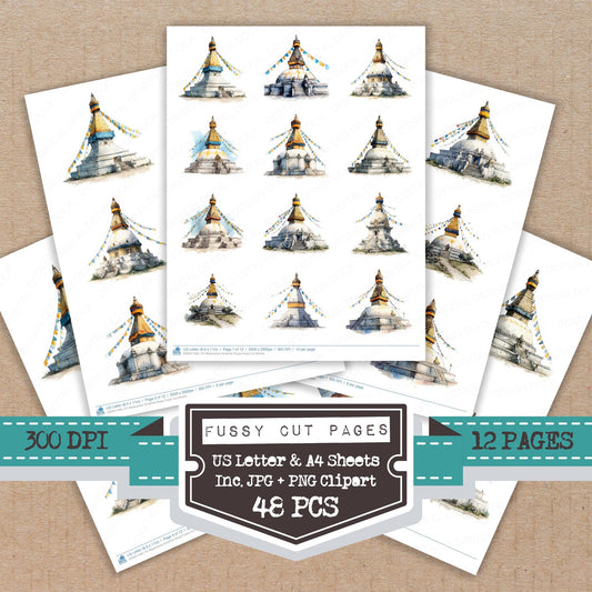 Watercolour Buddhist Stupa fussy cut printable sheets for junk journaling, scrapbooking, and paper craft projects