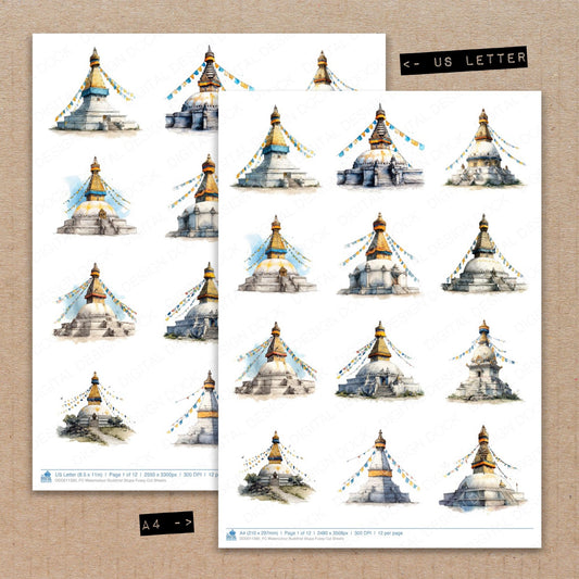 A4 and US Letter format comparison showing Watercolour Buddhist Stupa fussy cut pages for print and cut crafting