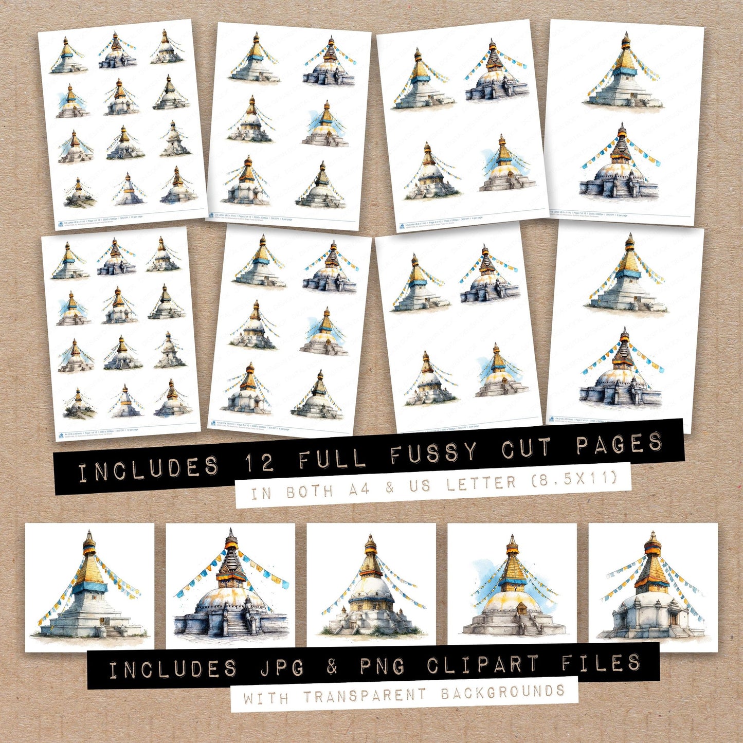 Full collection view of Watercolour Buddhist Stupa fussy cut sheets with bonus clipart JPG and PNG files