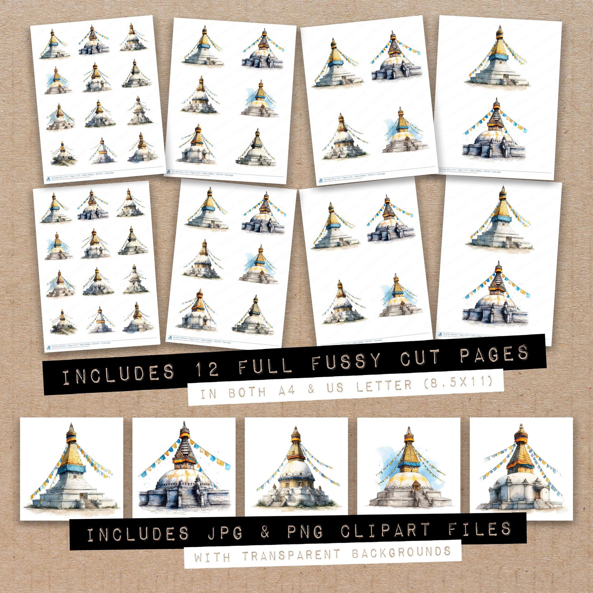 Full collection view of Watercolour Buddhist Stupa fussy cut sheets with bonus clipart JPG and PNG files