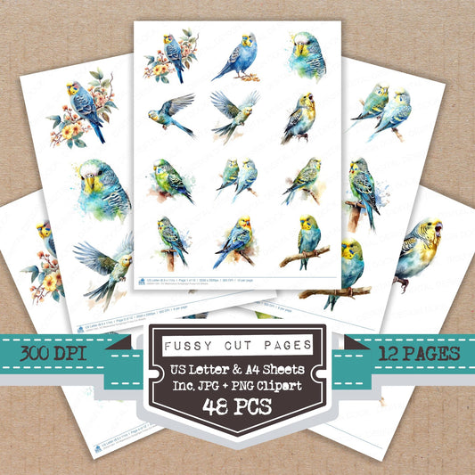 Watercolour Budgerigar fussy cut printable sheets for junk journaling, scrapbooking, and paper craft projects