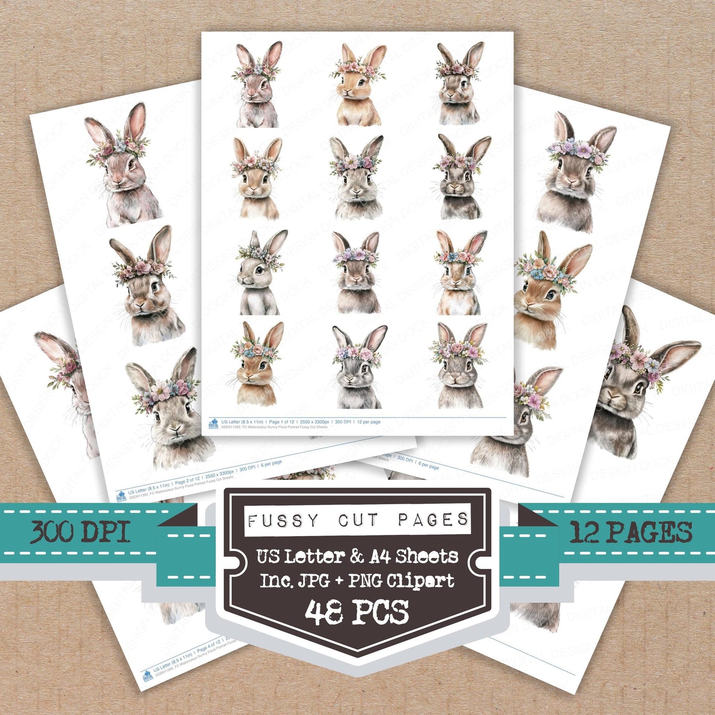 Watercolour Bunny Floral Portrait fussy cut printable sheets for junk journaling, scrapbooking, and paper craft projects