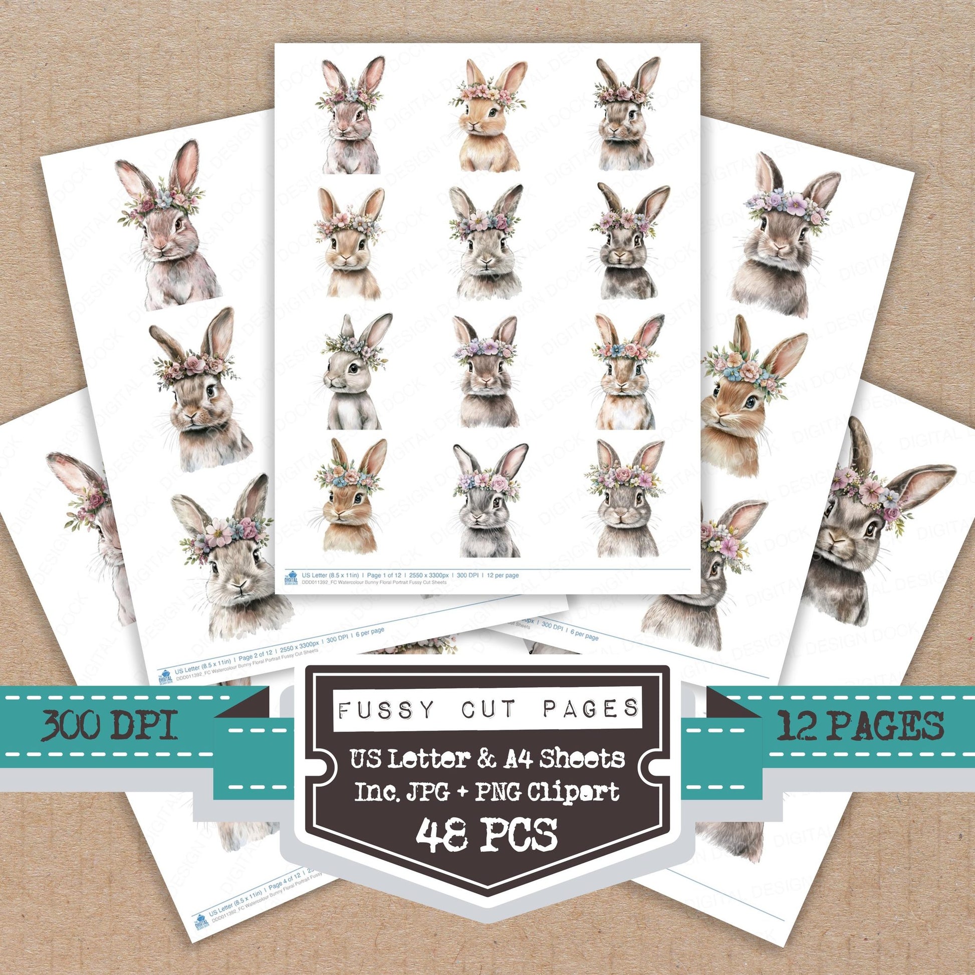 Watercolour Bunny Floral Portrait fussy cut printable sheets for junk journaling, scrapbooking, and paper craft projects