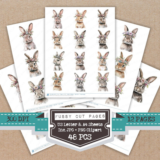 Watercolour Bunny Floral Portrait fussy cut printable sheets for junk journaling, scrapbooking, and paper craft projects