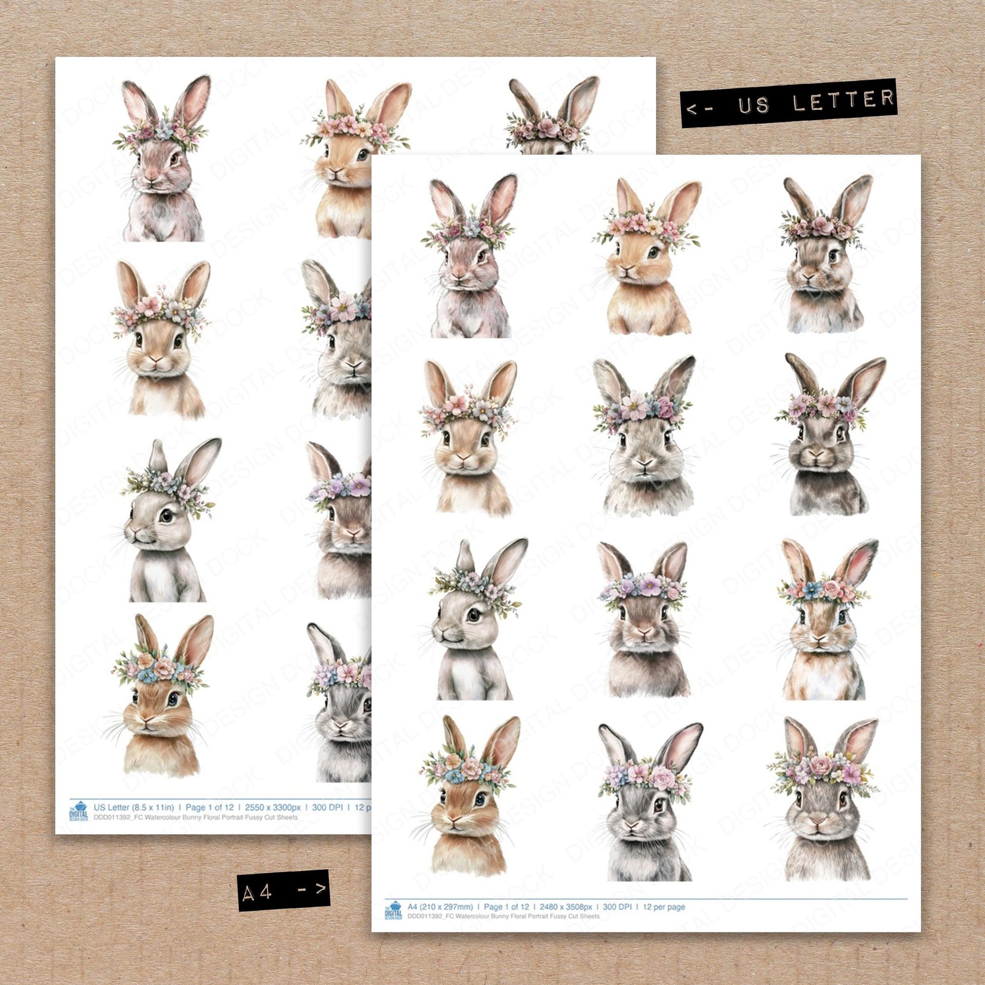 A4 and US Letter format comparison showing Watercolour Bunny Floral Portrait fussy cut pages for print and cut crafting