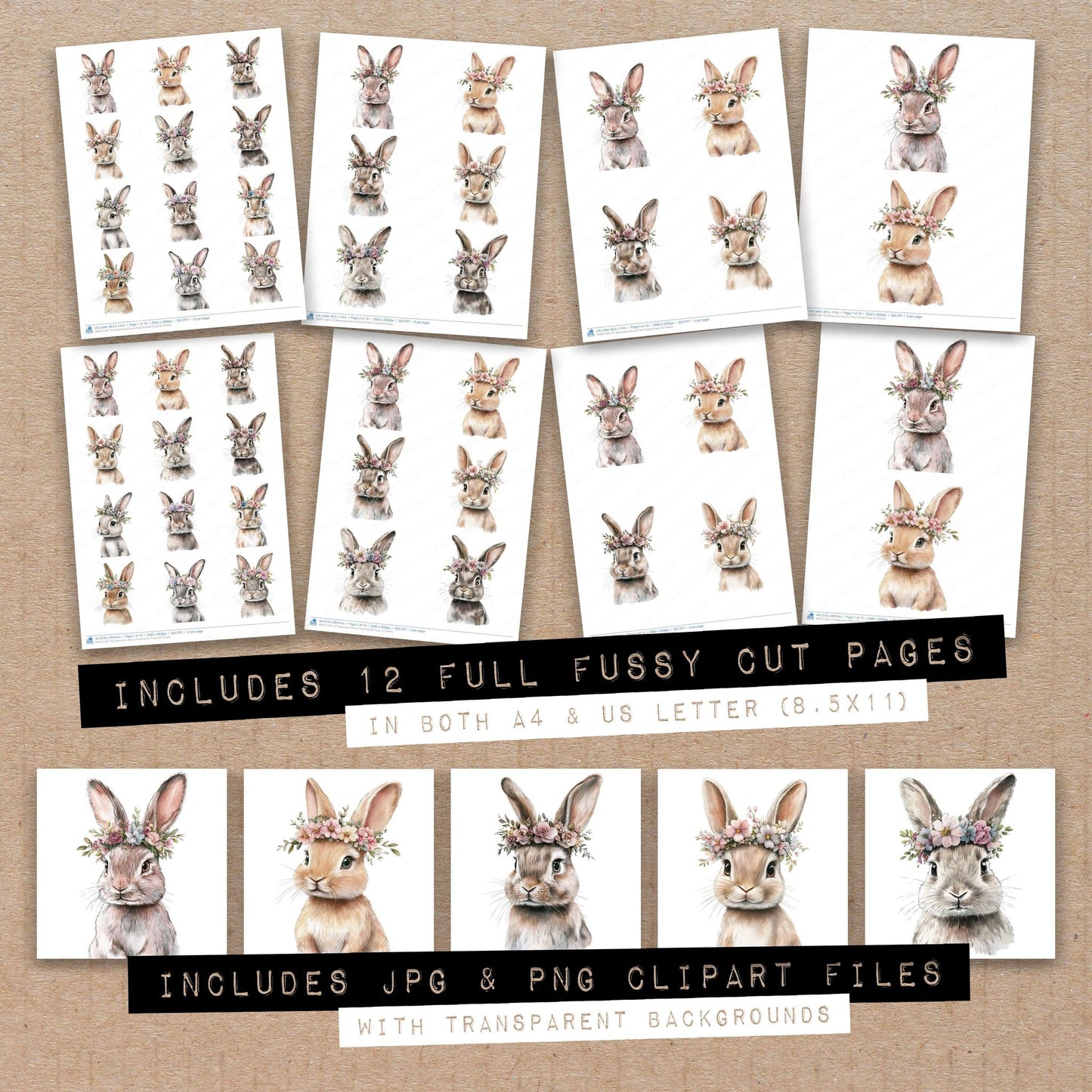 Full collection view of Watercolour Bunny Floral Portrait fussy cut sheets with bonus clipart JPG and PNG files