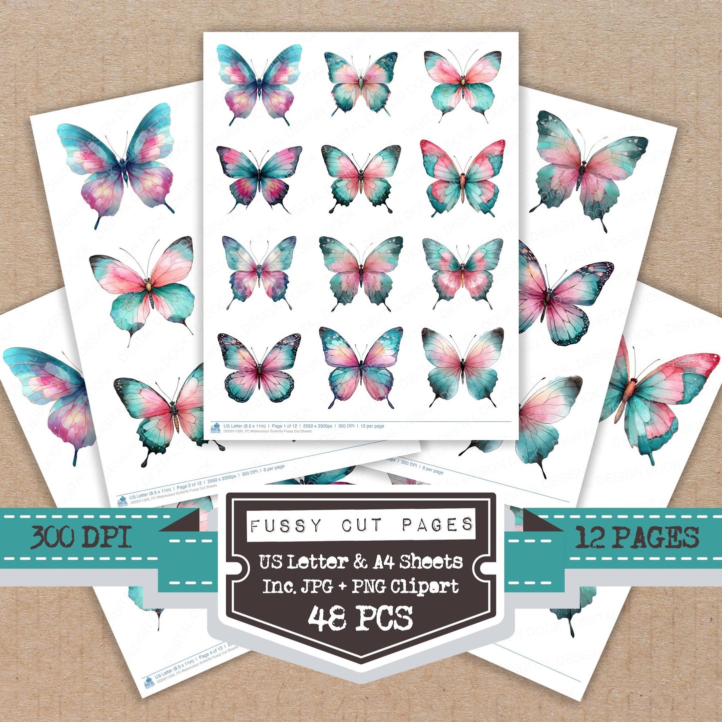 Watercolour Butterfly fussy cut printable sheets for junk journaling, scrapbooking, and paper craft projects
