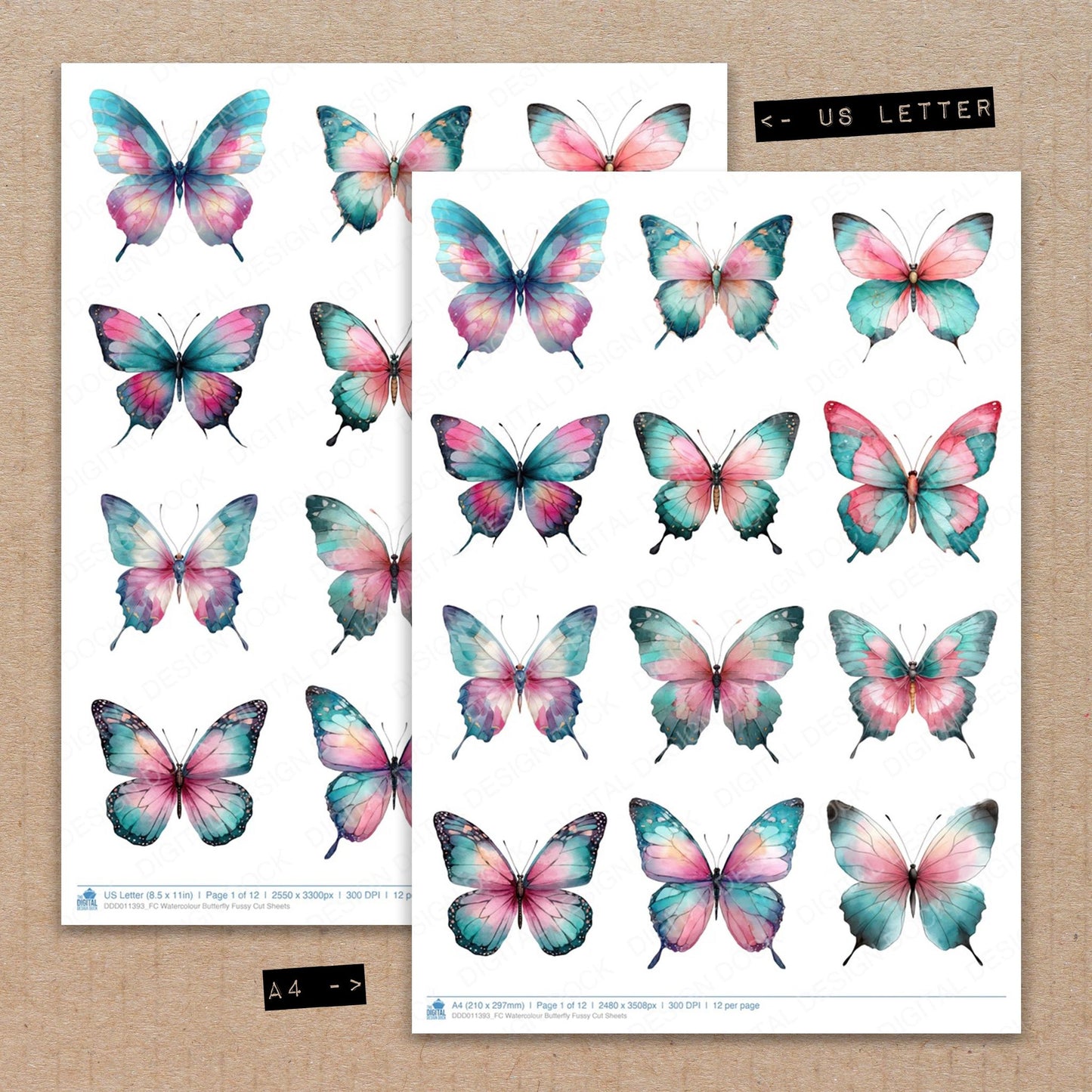 A4 and US Letter format comparison showing Watercolour Butterfly fussy cut pages for print and cut crafting