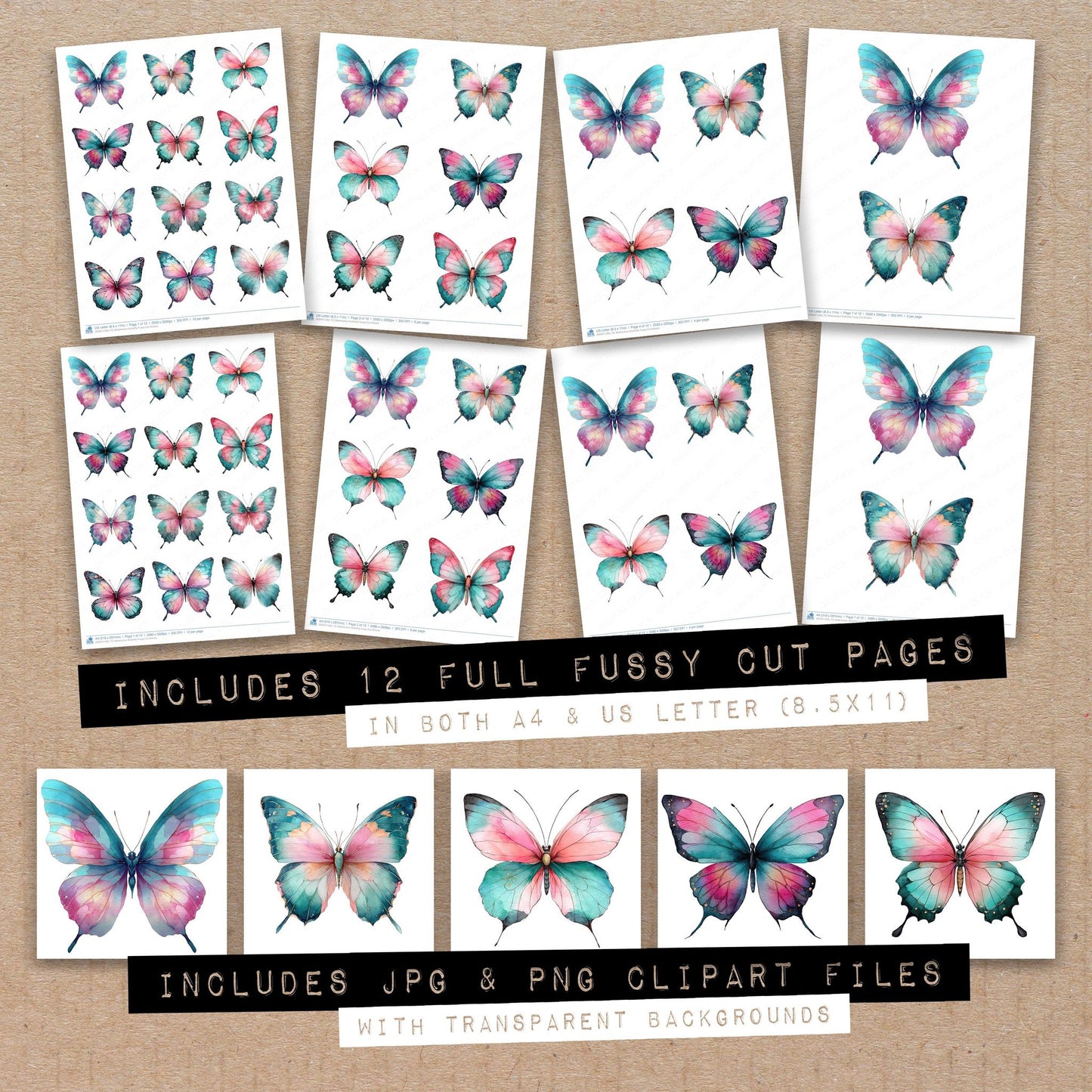 Full collection view of Watercolour Butterfly fussy cut sheets with bonus clipart JPG and PNG files
