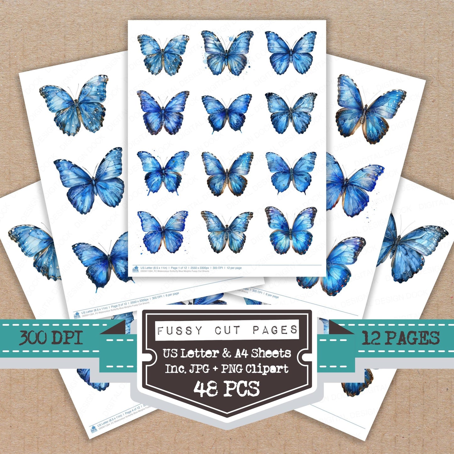 Watercolour Butterfly Blue Morpho fussy cut printable sheets for junk journaling, scrapbooking, and paper craft projects