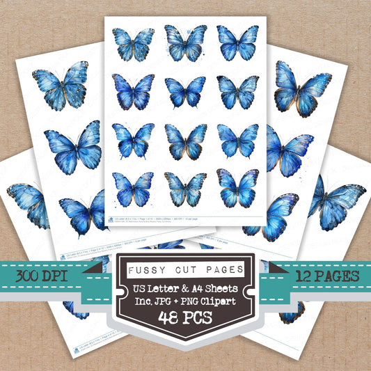 Watercolour Butterfly Blue Morpho fussy cut printable sheets for junk journaling, scrapbooking, and paper craft projects
