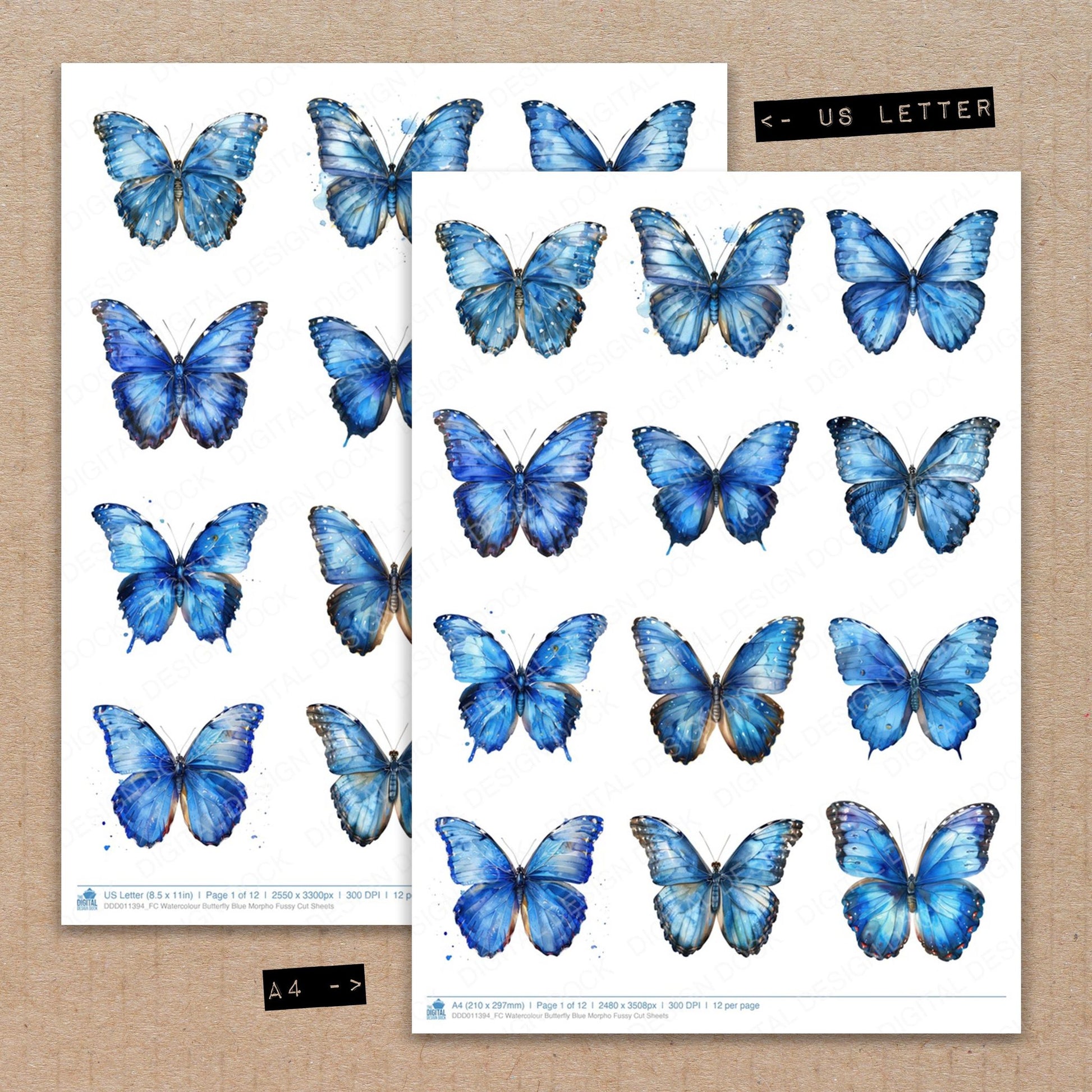 A4 and US Letter format comparison showing Watercolour Butterfly Blue Morpho fussy cut pages for print and cut crafting