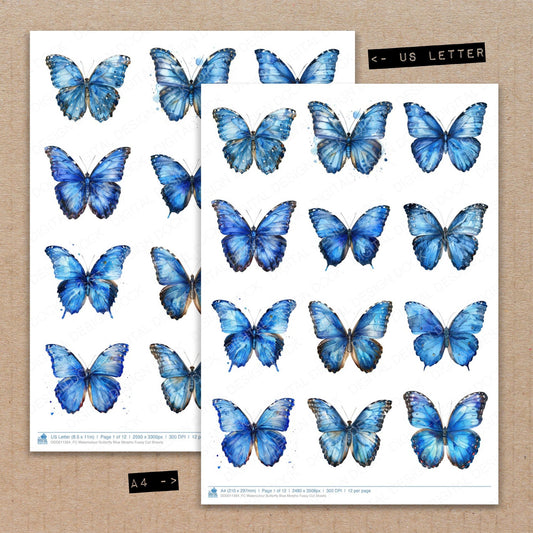 A4 and US Letter format comparison showing Watercolour Butterfly Blue Morpho fussy cut pages for print and cut crafting