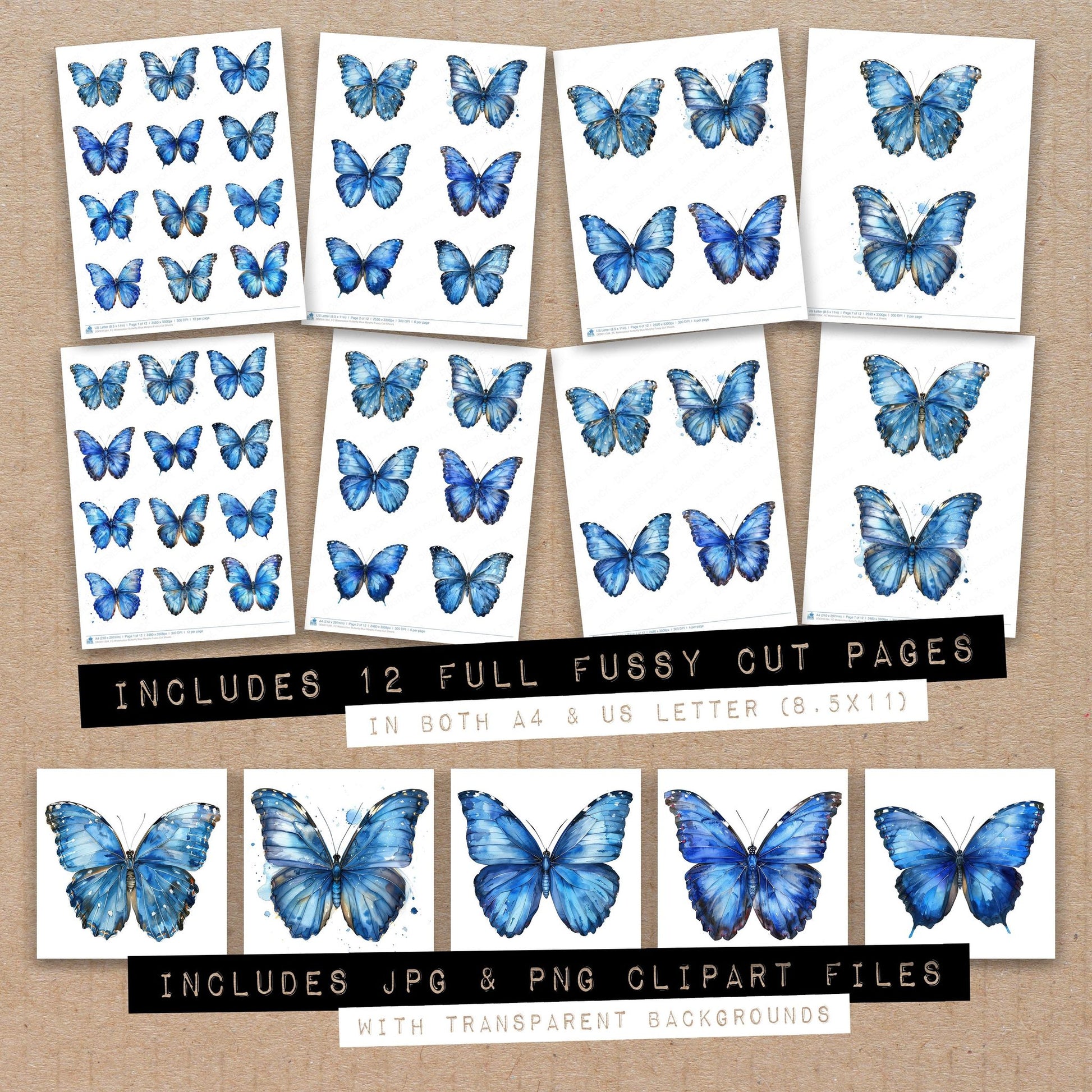 Full collection view of Watercolour Butterfly Blue Morpho fussy cut sheets with bonus clipart JPG and PNG files