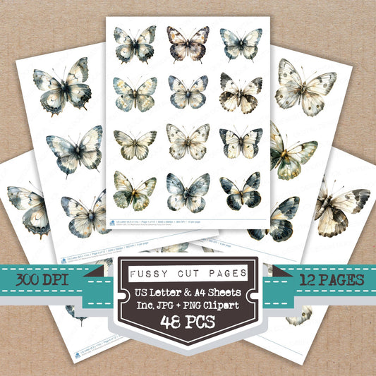 Watercolour Butterfly Glasswing fussy cut printable sheets for junk journaling, scrapbooking, and paper craft projects