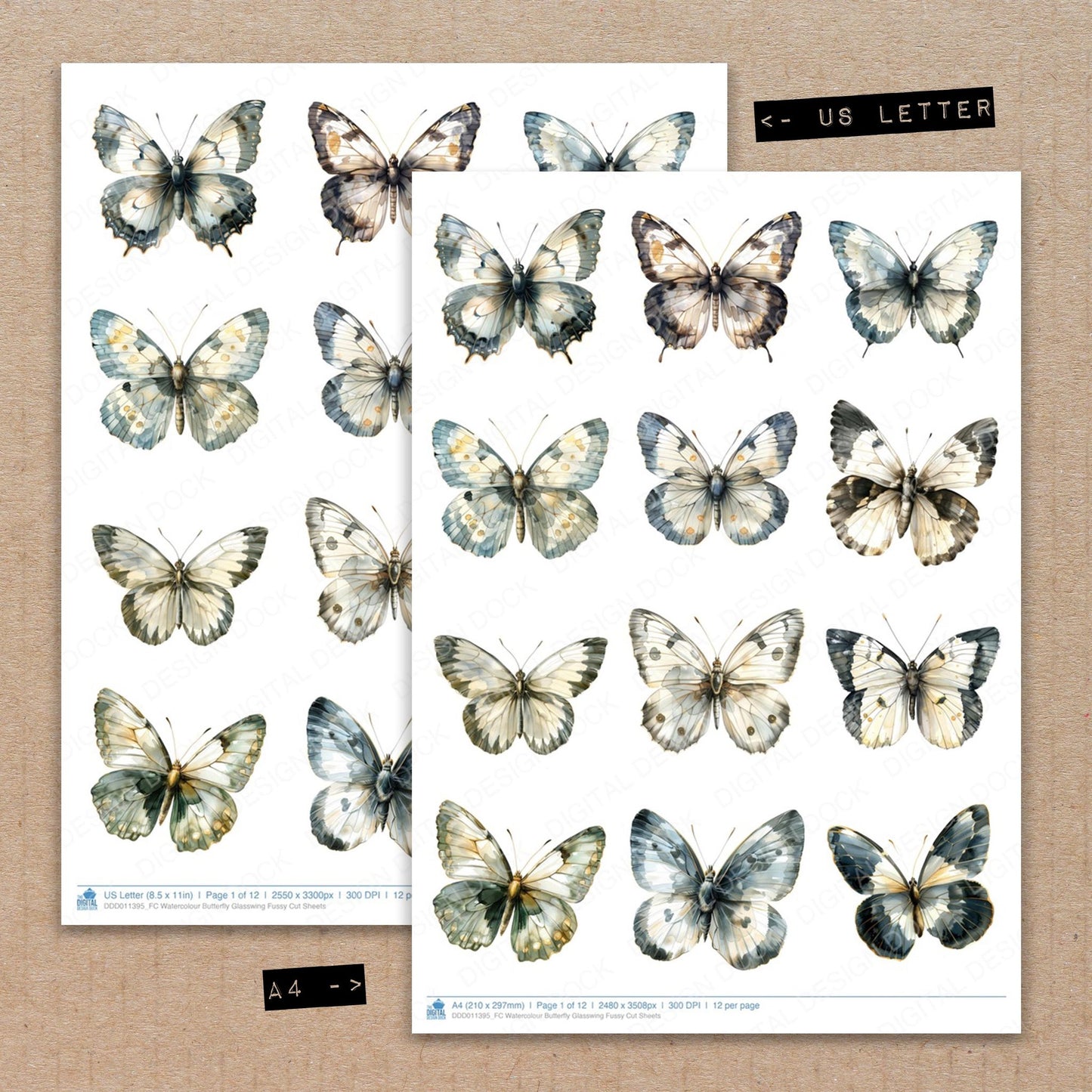 A4 and US Letter format comparison showing Watercolour Butterfly Glasswing fussy cut pages for print and cut crafting
