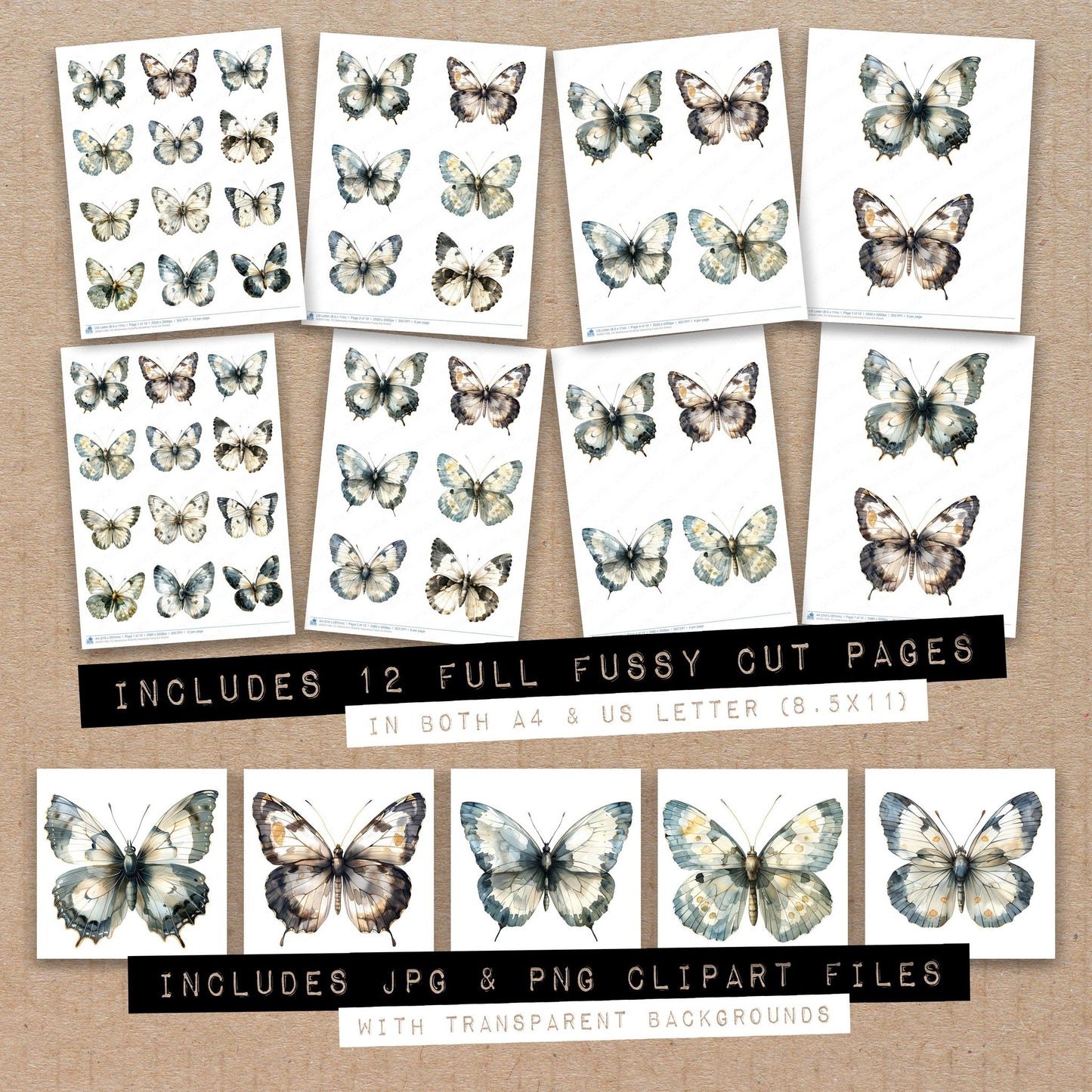 Full collection view of Watercolour Butterfly Glasswing fussy cut sheets with bonus clipart JPG and PNG files