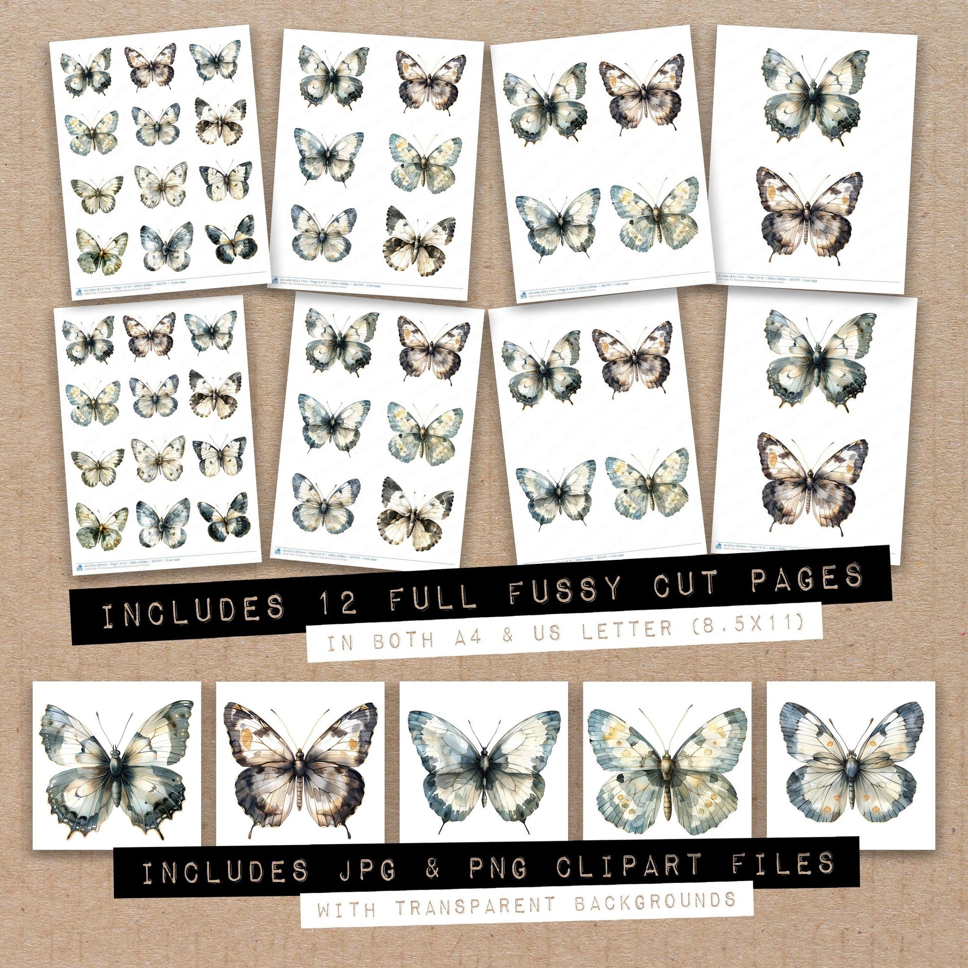 Full collection view of Watercolour Butterfly Glasswing fussy cut sheets with bonus clipart JPG and PNG files